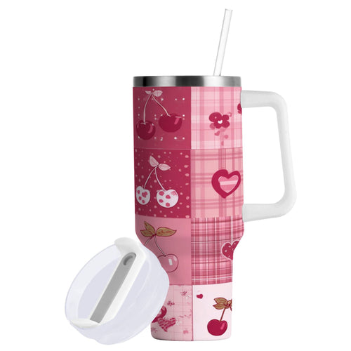 30 oz Insulated Stainless Steel Tumbler Double Wall Stainless Steel Tumbler with 2-Way Drinking Cherry Pattern with Bows 6QVE
