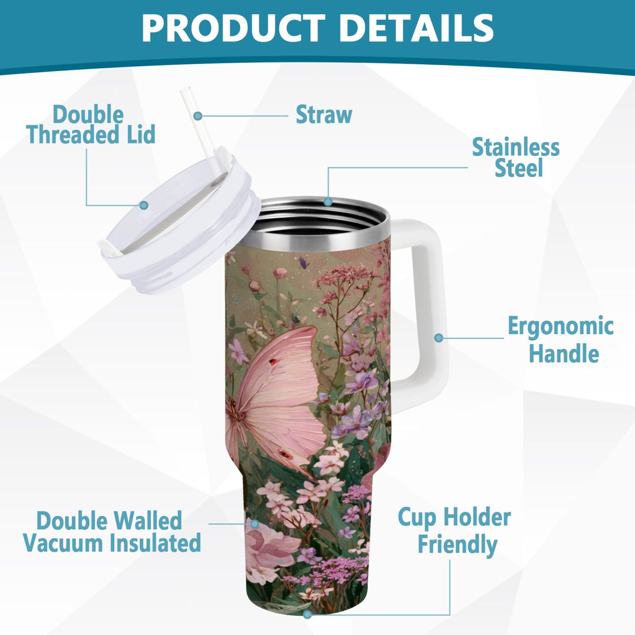 30 oz Insulated Stainless Steel Tumbler Double Wall Stainless Steel Tumbler with 2-Way Drinking Delicate Butterfly EVT1