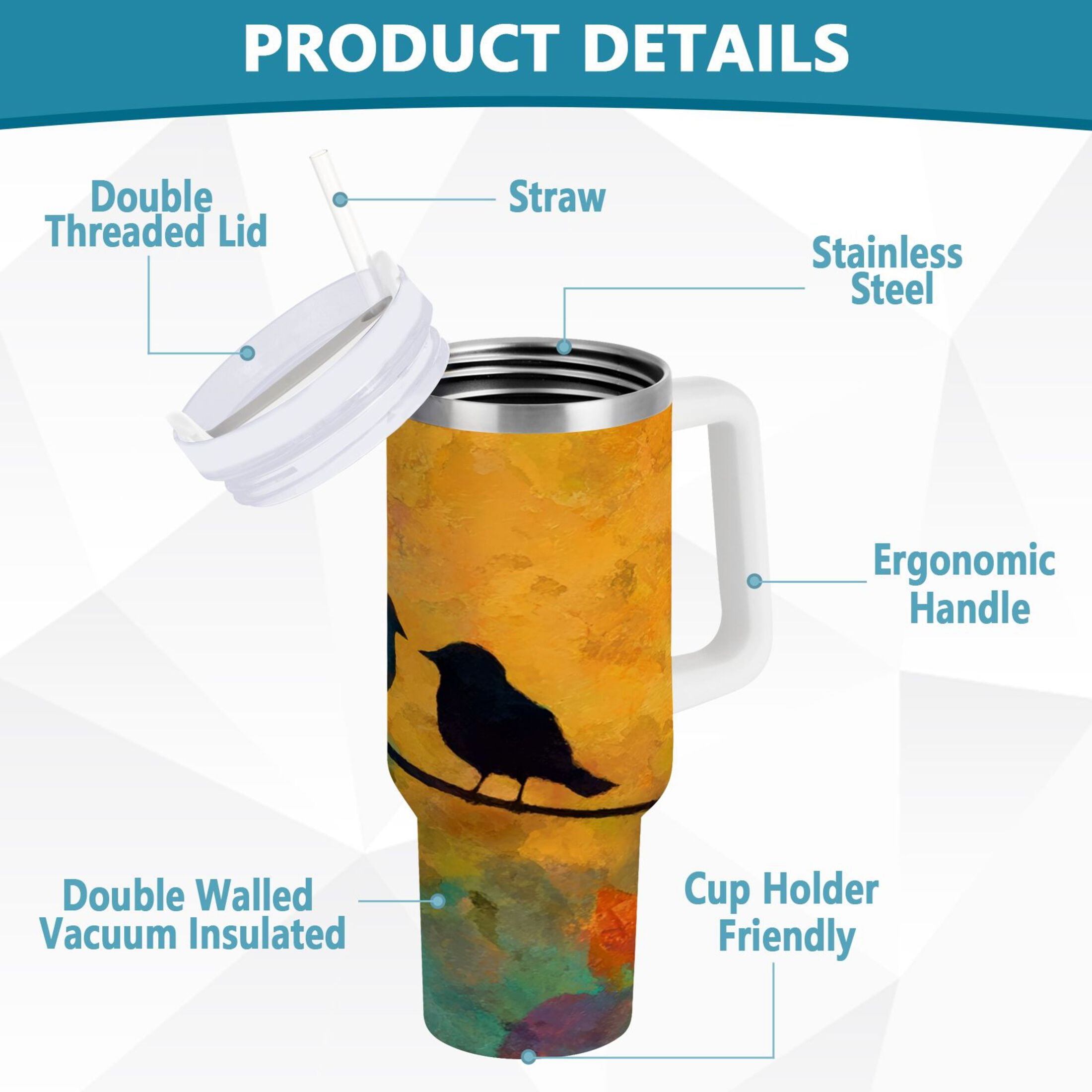 30 oz Insulated Stainless Steel Tumbler Double Wall Stainless Steel Tumbler with 2-Way Drinking Birds on A Wire NDNH