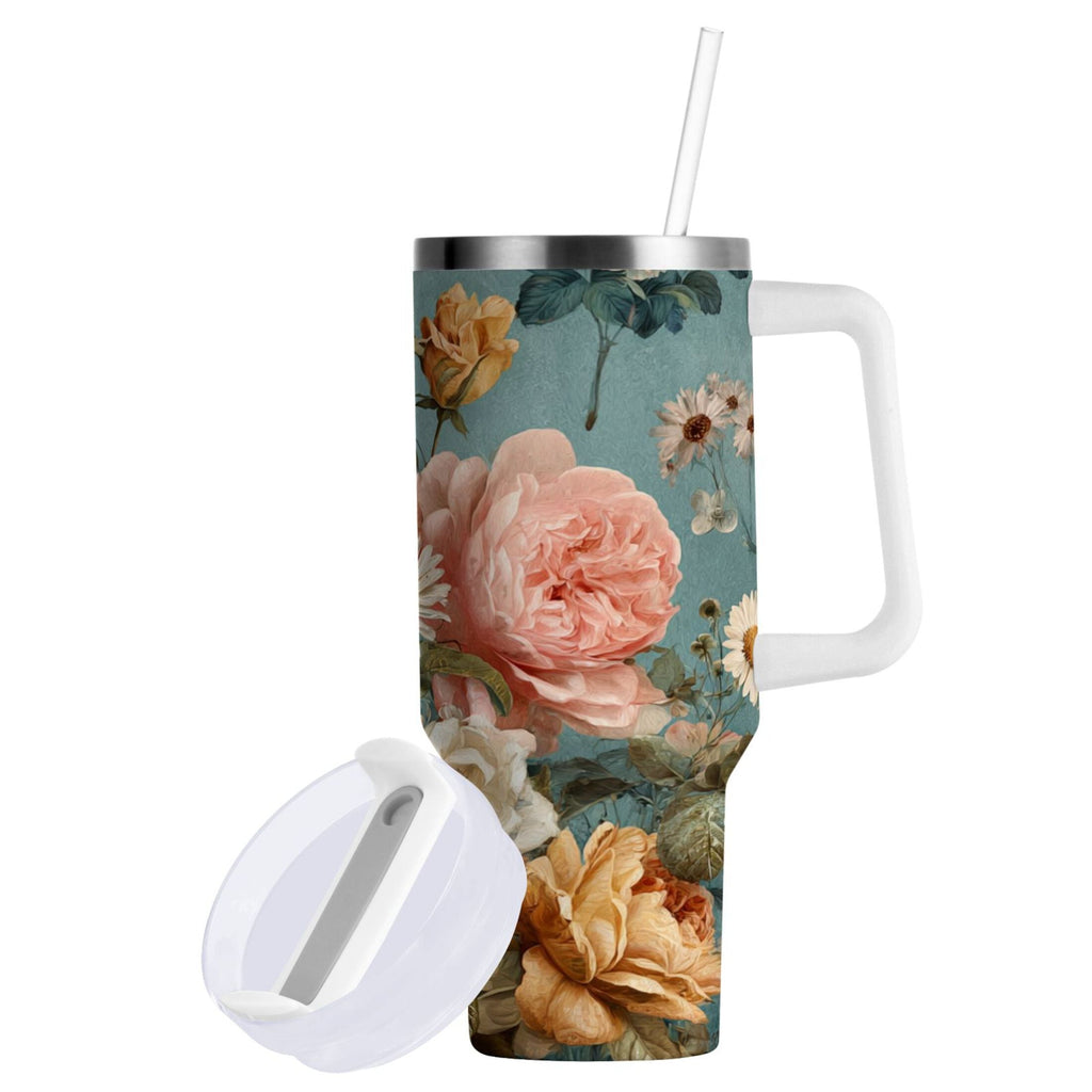 30 oz Insulated Stainless Steel Tumbler Double Wall Stainless Steel Tumbler with 2-Way Drinking Vintage Roses and Peonies OV8B