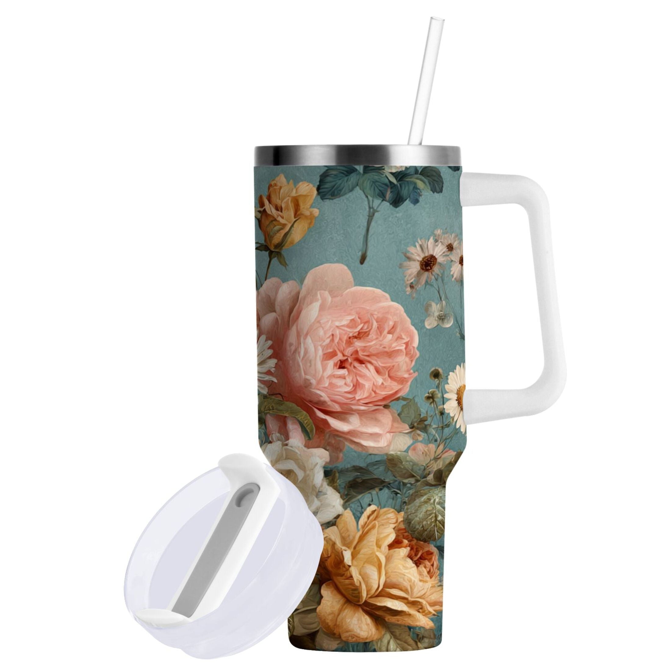 30 oz Insulated Stainless Steel Tumbler Double Wall Stainless Steel Tumbler with 2-Way Drinking Vintage Roses and Peonies OV8B