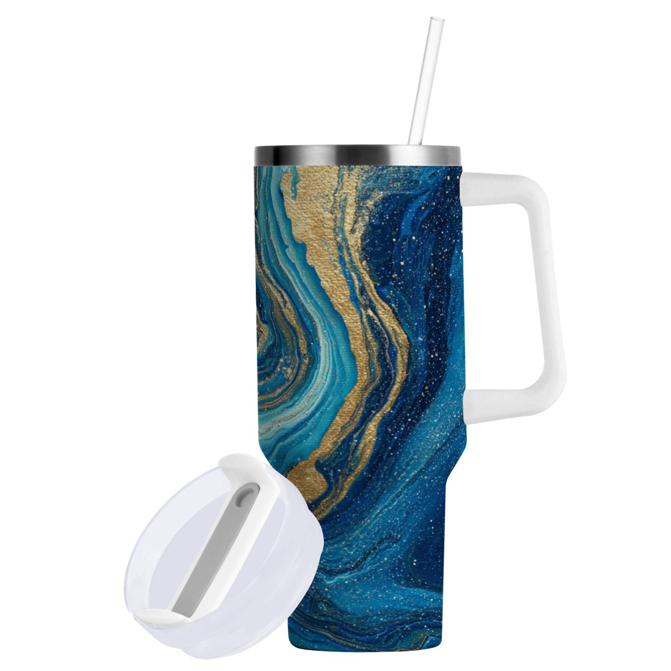 30 oz Insulated Stainless Steel Tumbler Double Wall Stainless Steel Tumbler with 2-Way Drinking Blue and Gold Ocean LNS9