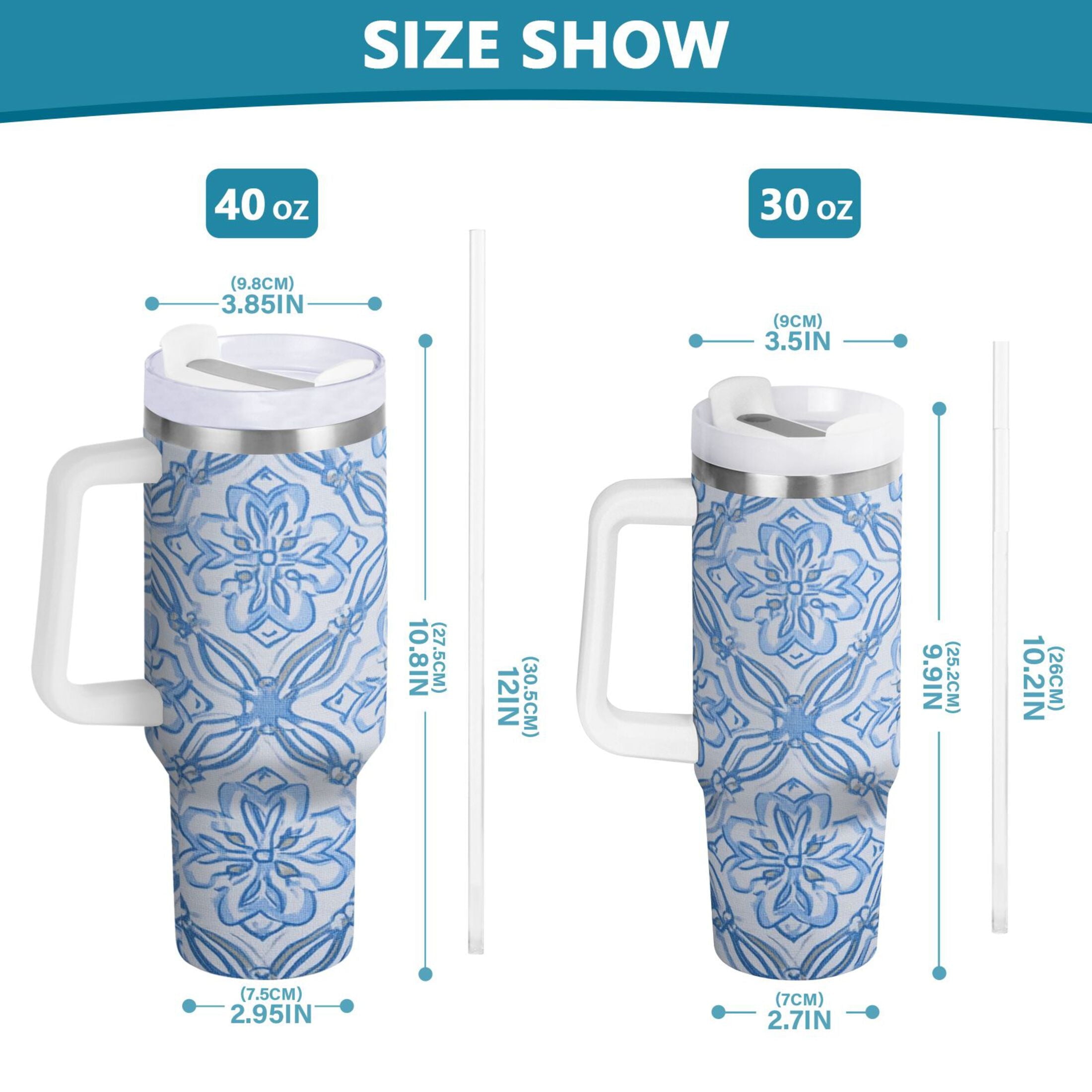 30 oz Insulated Stainless Steel Tumbler Double Wall Stainless Steel Tumbler with 2-Way Drinking Blue Elegant Geometric Design TOLQ