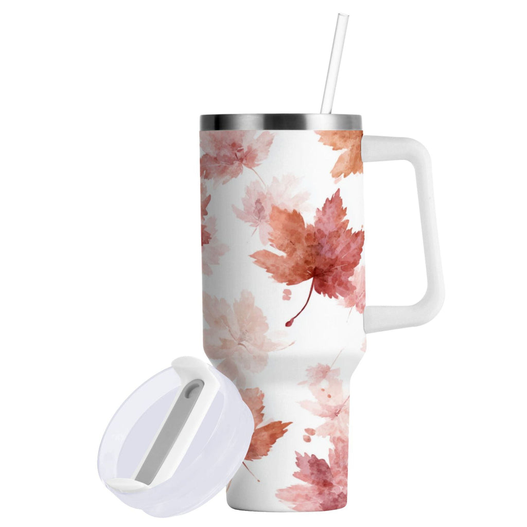 30 oz Insulated Stainless Steel Tumbler Double Wall Stainless Steel Tumbler with 2-Way Drinking Watercolor Pink Maple Leaves 9R33
