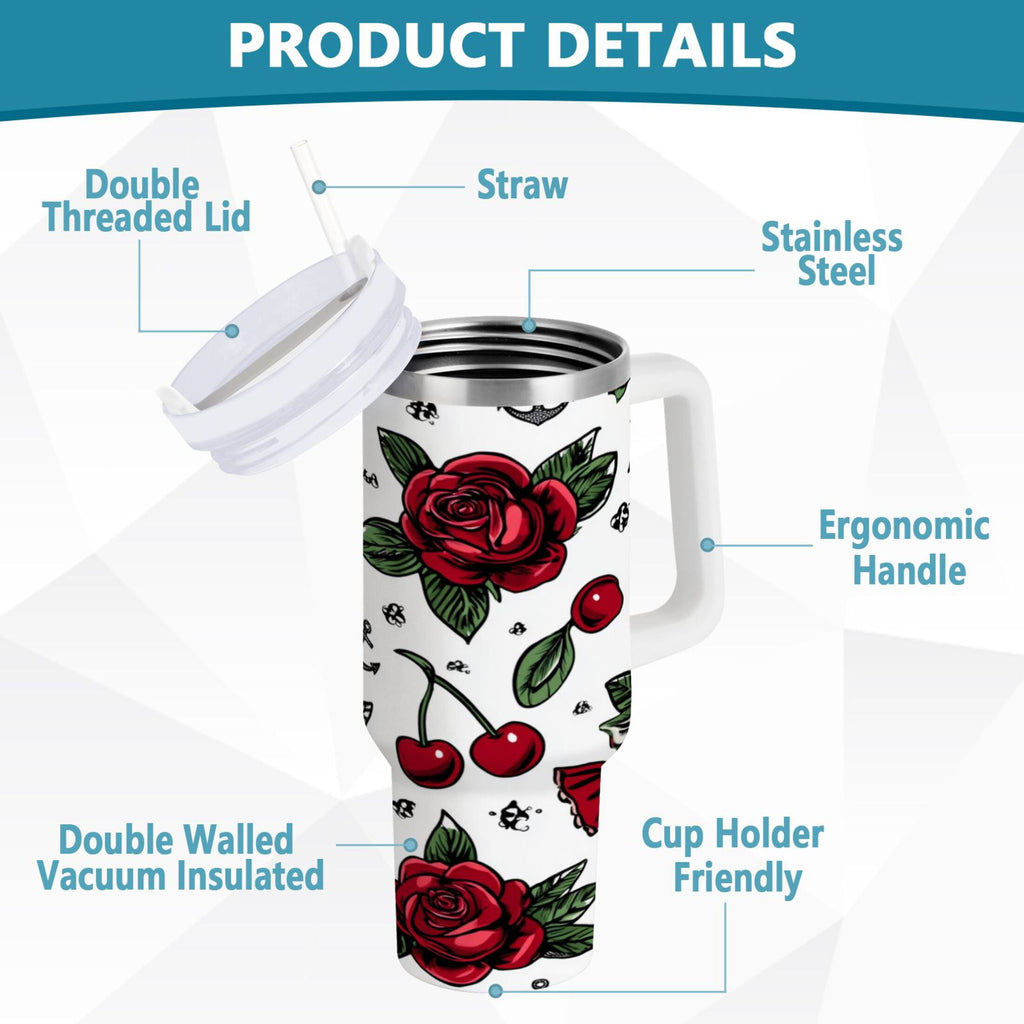 40 oz Insulated Stainless Steel Tumbler Double Wall Stainless Steel Tumbler with 2-Way Drinking Red Roses and Cherries MT7F