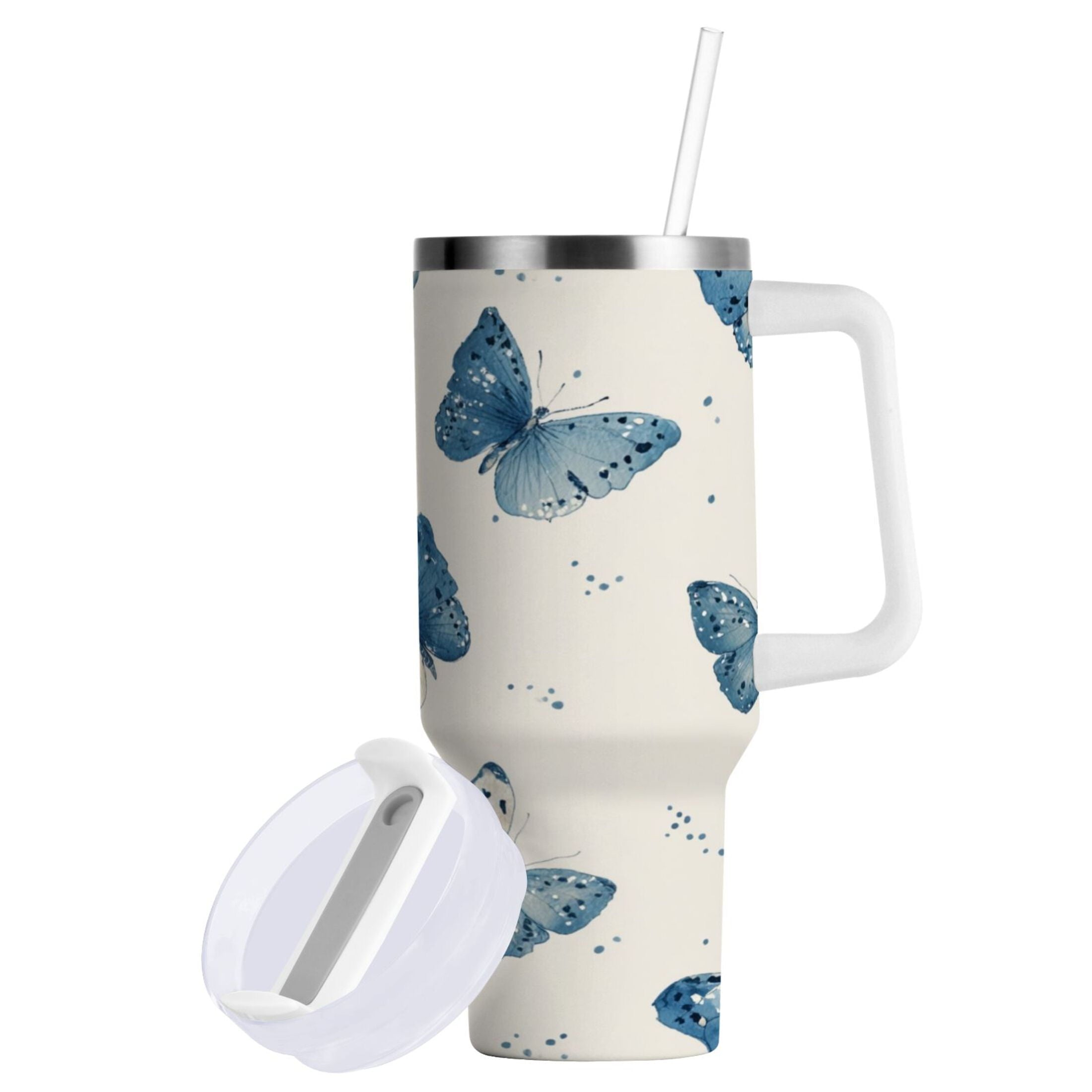 30 oz Insulated Stainless Steel Tumbler Double Wall Stainless Steel Tumbler with 2-Way Drinking Blue Watercolor Butterflies UQ86