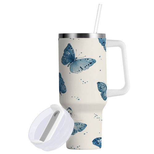 30 oz Insulated Stainless Steel Tumbler Double Wall Stainless Steel Tumbler with 2-Way Drinking Blue Watercolor Butterflies UQ86