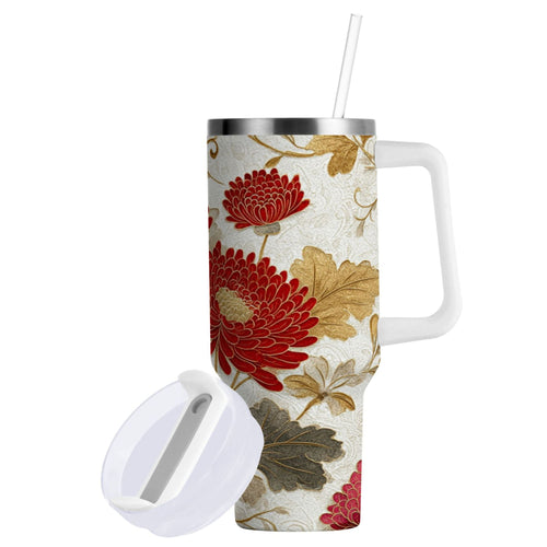 30 oz Insulated Stainless Steel Tumbler Double Wall Stainless Steel Tumbler with 2-Way Drinking Red Chrysanthemum Pattern 77N7