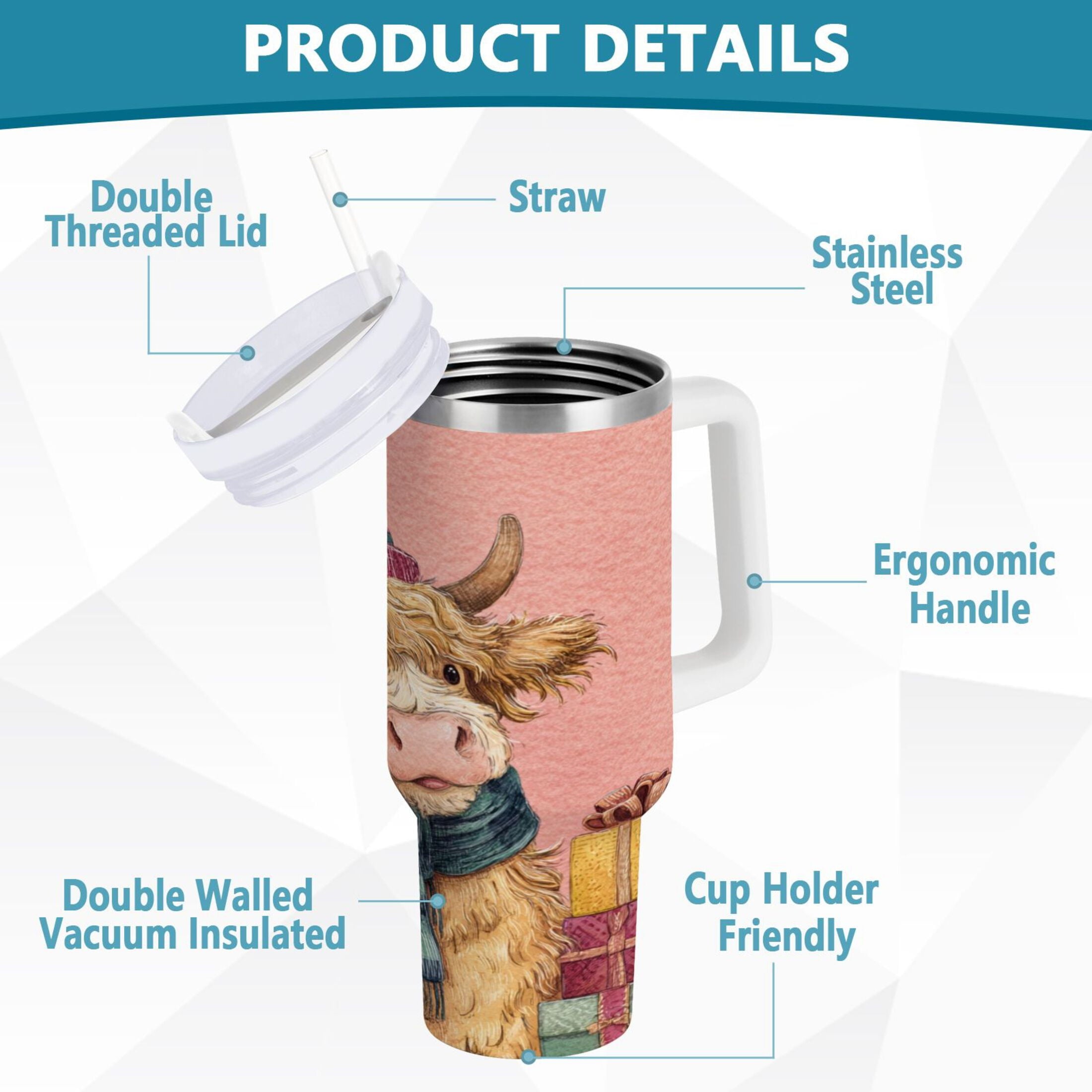 30 oz Insulated Stainless Steel Tumbler Double Wall Stainless Steel Tumbler with 2-Way Drinking Cow Wearing Scarf and Hat EA6T