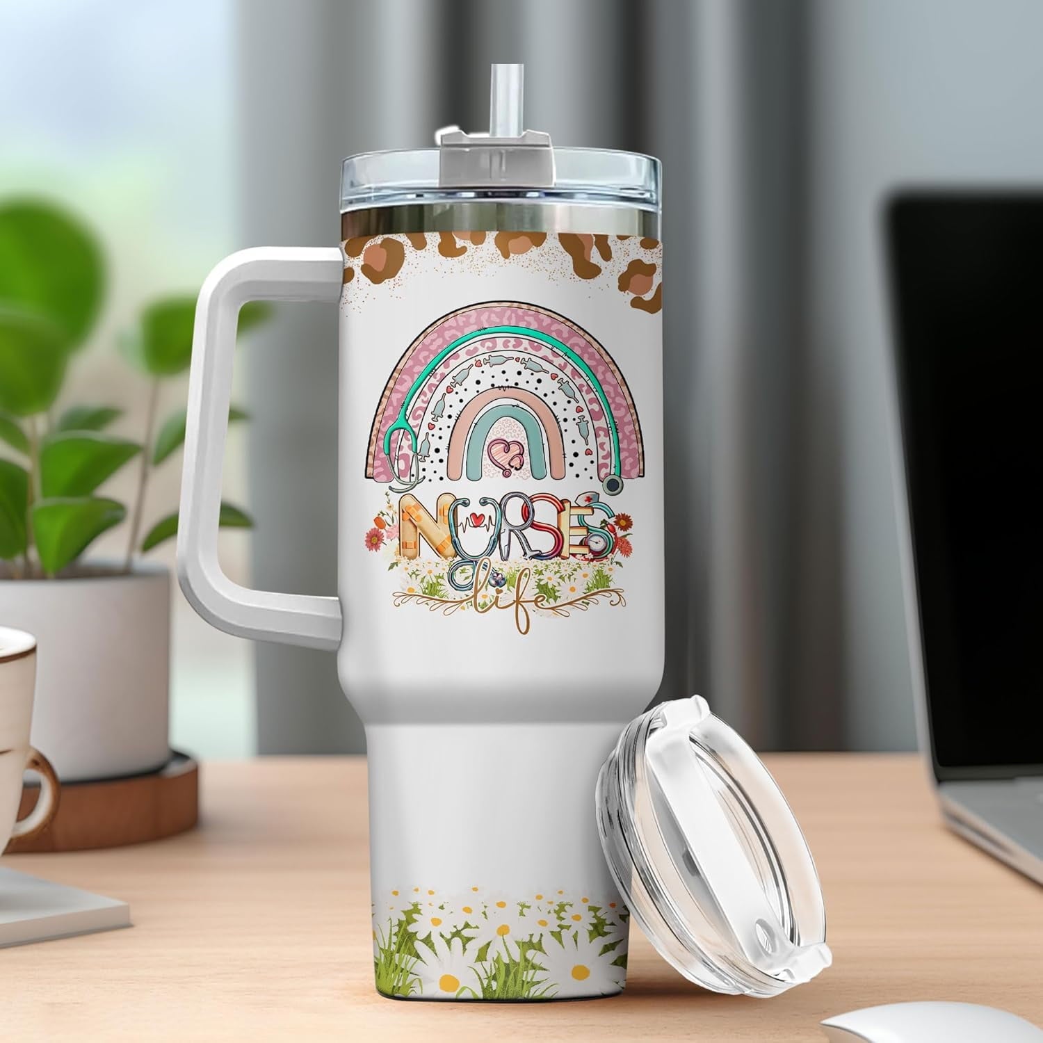 Tumbler 40 Oz With Handle Lid And Straw, Nurse Gifts, Black Camo White Engraved Print Travel Nurses Tumblers Handle Funny Cups Nursing For, Great Nurse Rainbow Daisy Flower DI5R