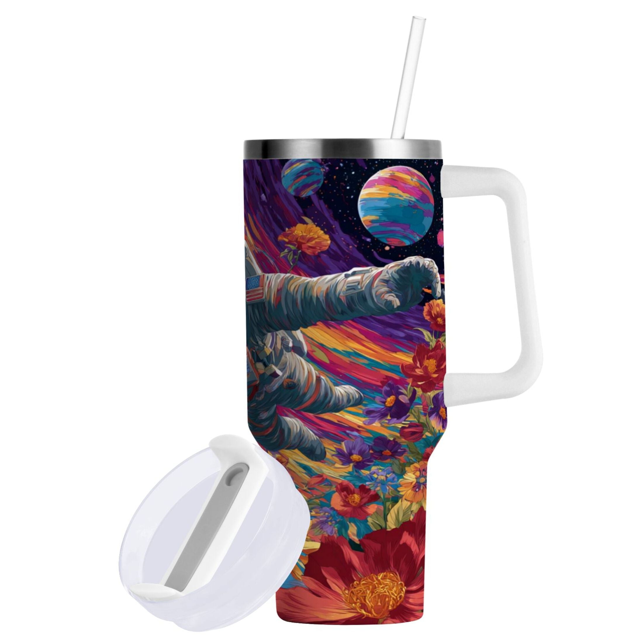 40 oz Insulated Stainless Steel Tumbler Double Wall Stainless Steel Tumbler with 2-Way Drinking Colorful Flowers and Planets 9J5M
