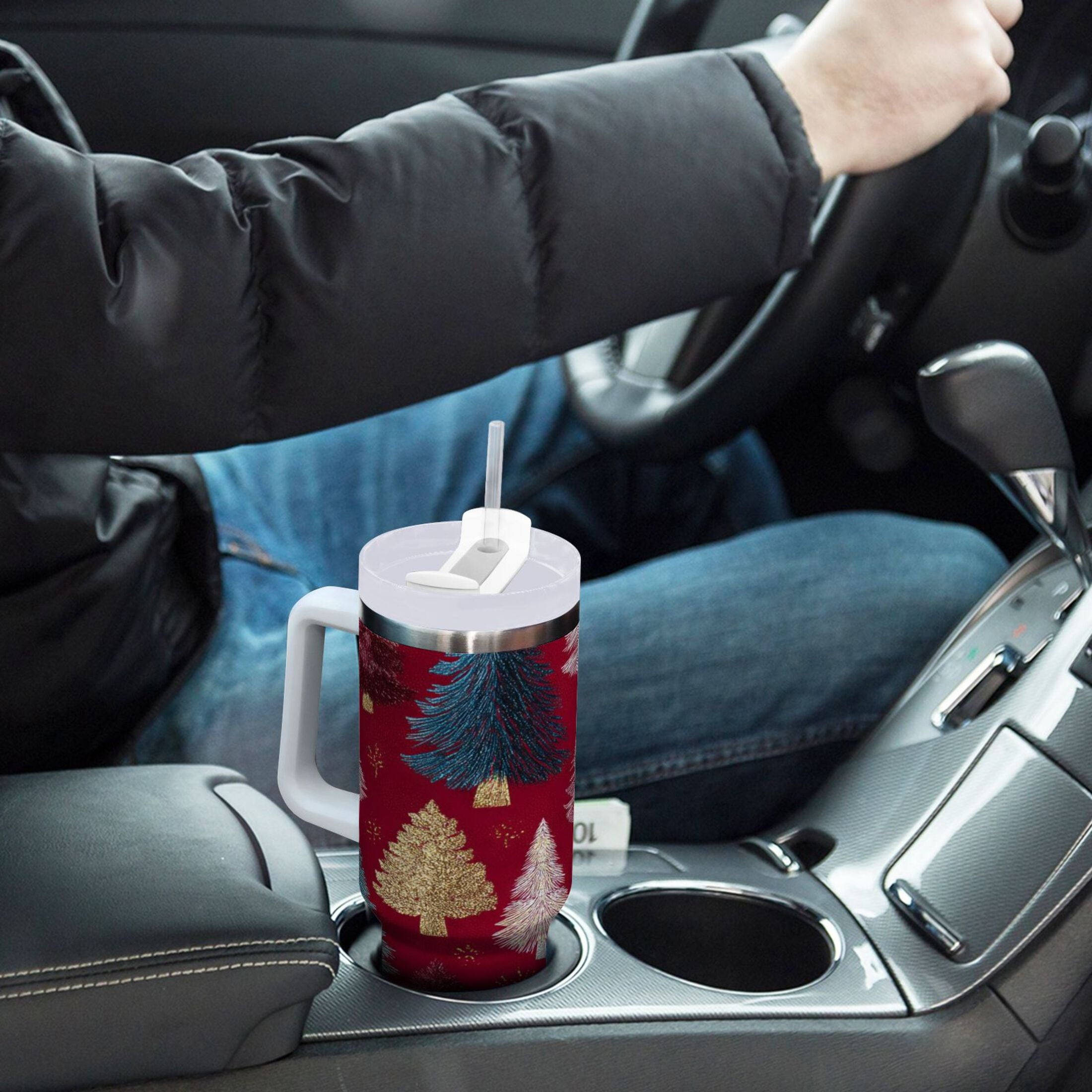 30 oz Insulated Stainless Steel Tumbler Double Wall Stainless Steel Tumbler with 2-Way Drinking Stylized Christmas Trees AKCX