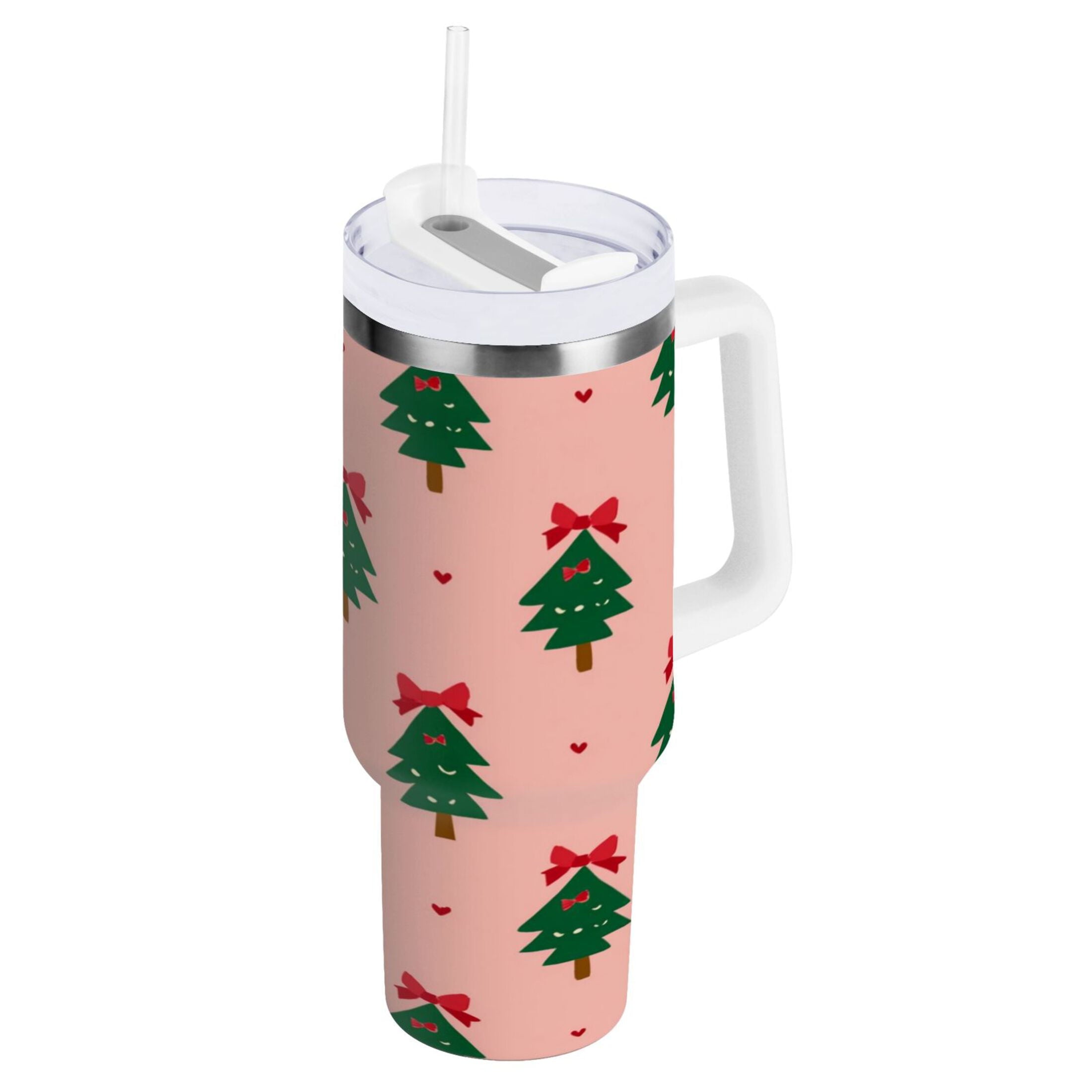 40 oz Insulated Stainless Steel Tumbler Double Wall Stainless Steel Tumbler with 2-Way Drinking Green Trees and Red Bows 46H1