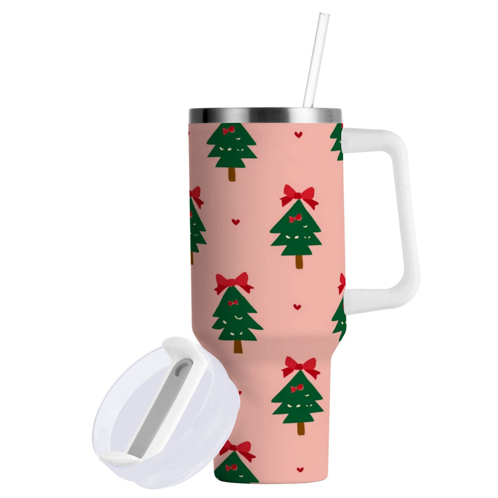 40 oz Insulated Stainless Steel Tumbler Double Wall Stainless Steel Tumbler with 2-Way Drinking Green Trees and Red Bows 46H1