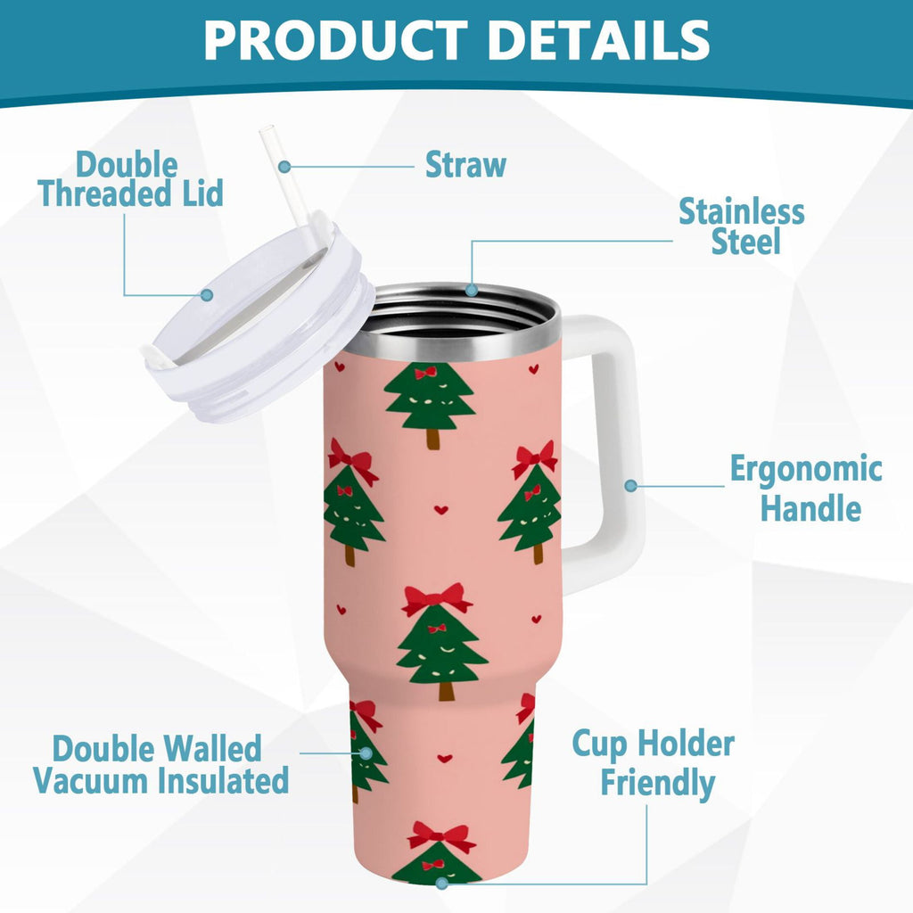 40 oz Insulated Stainless Steel Tumbler Double Wall Stainless Steel Tumbler with 2-Way Drinking Green Trees and Red Bows 46H1