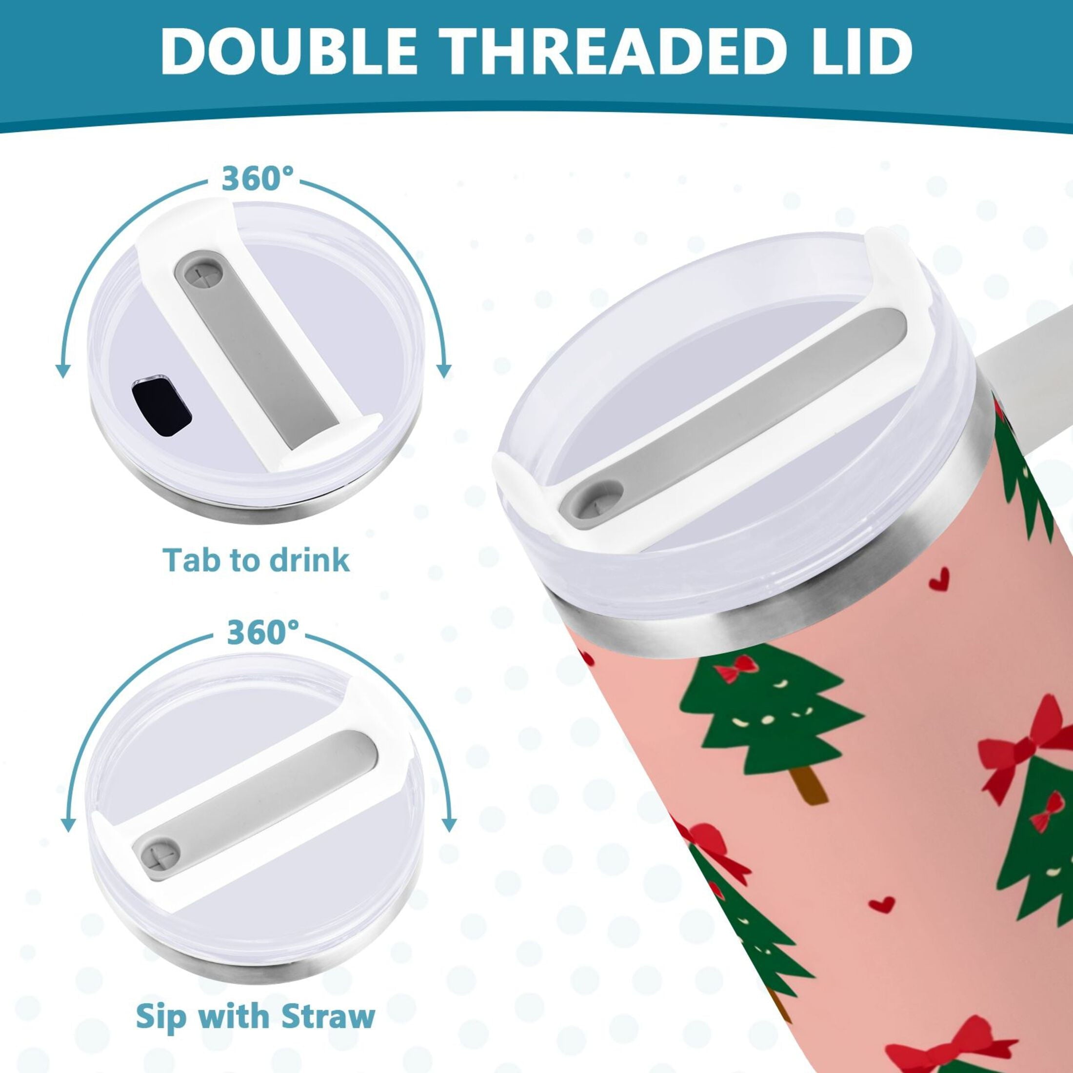 40 oz Insulated Stainless Steel Tumbler Double Wall Stainless Steel Tumbler with 2-Way Drinking Green Trees and Red Bows 46H1