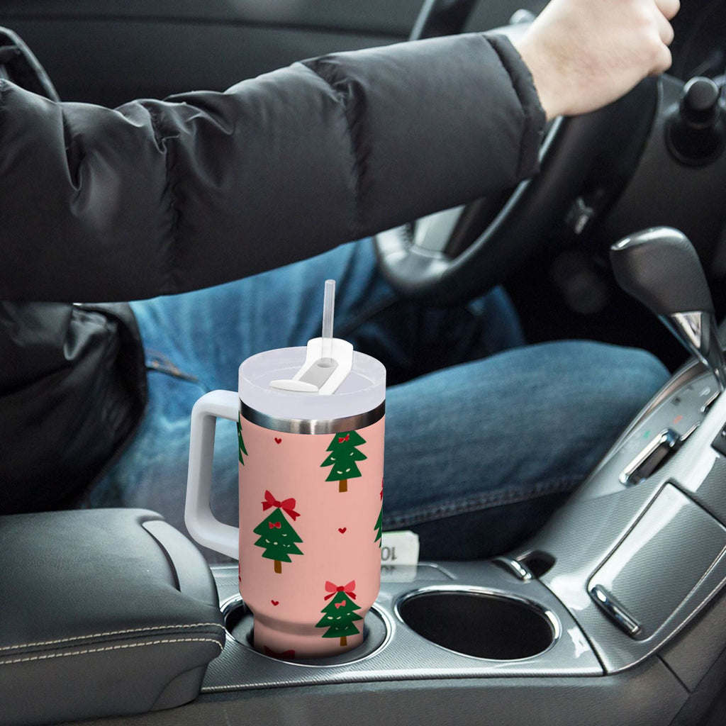 40 oz Insulated Stainless Steel Tumbler Double Wall Stainless Steel Tumbler with 2-Way Drinking Green Trees and Red Bows 46H1