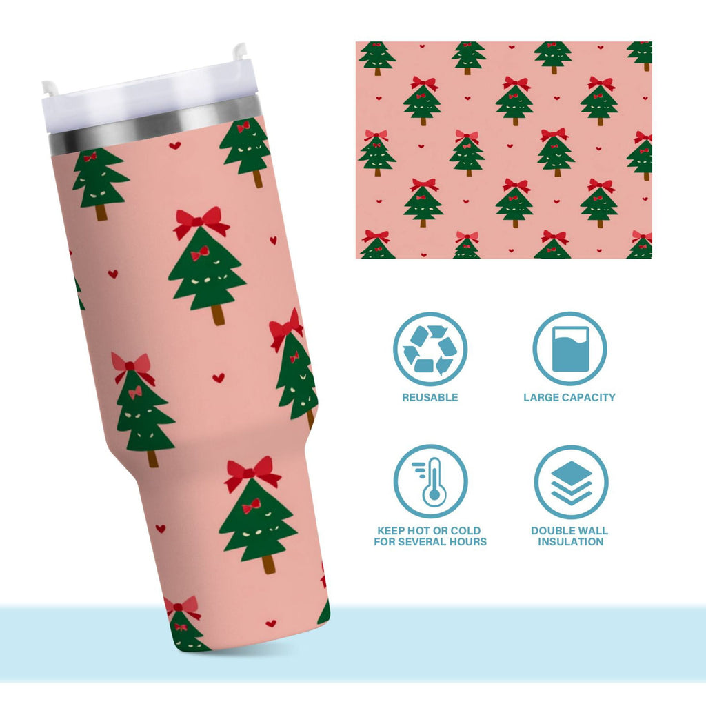 40 oz Insulated Stainless Steel Tumbler Double Wall Stainless Steel Tumbler with 2-Way Drinking Green Trees and Red Bows 46H1
