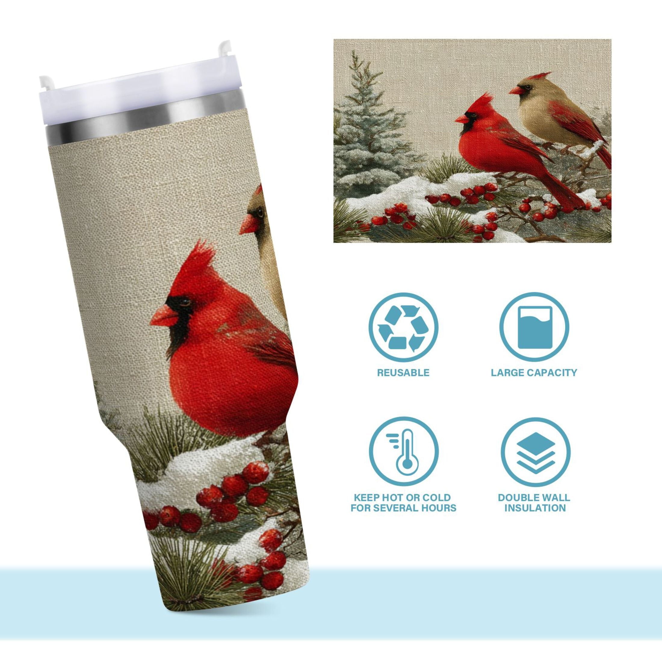 30 oz Insulated Stainless Steel Tumbler Double Wall Stainless Steel Tumbler with 2-Way Drinking Bird and Snow-covered Trees RG9C
