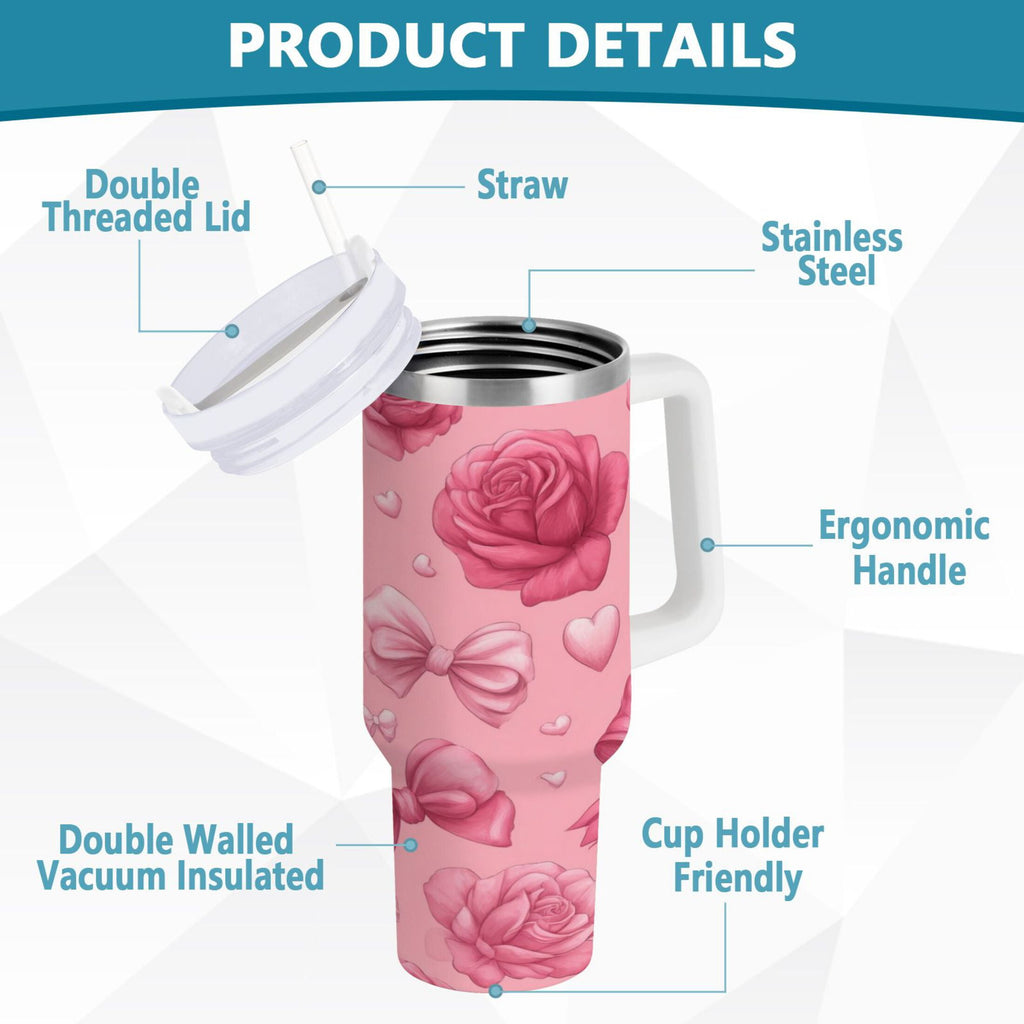 40 oz Insulated Stainless Steel Tumbler Double Wall Stainless Steel Tumbler with 2-Way Drinking Roses and Bows Pattern 678S