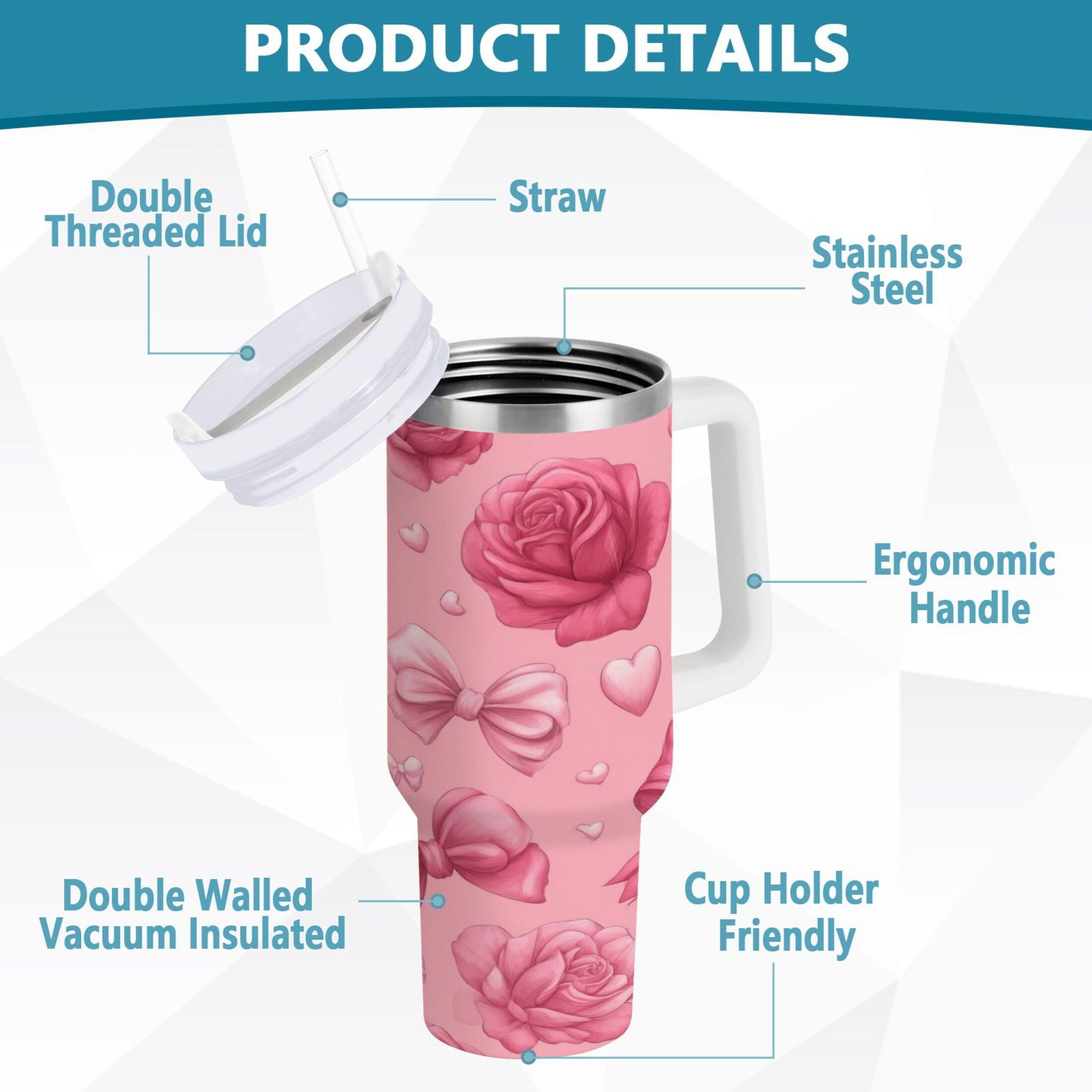 40 oz Insulated Stainless Steel Tumbler Double Wall Stainless Steel Tumbler with 2-Way Drinking Roses and Bows Pattern 678S