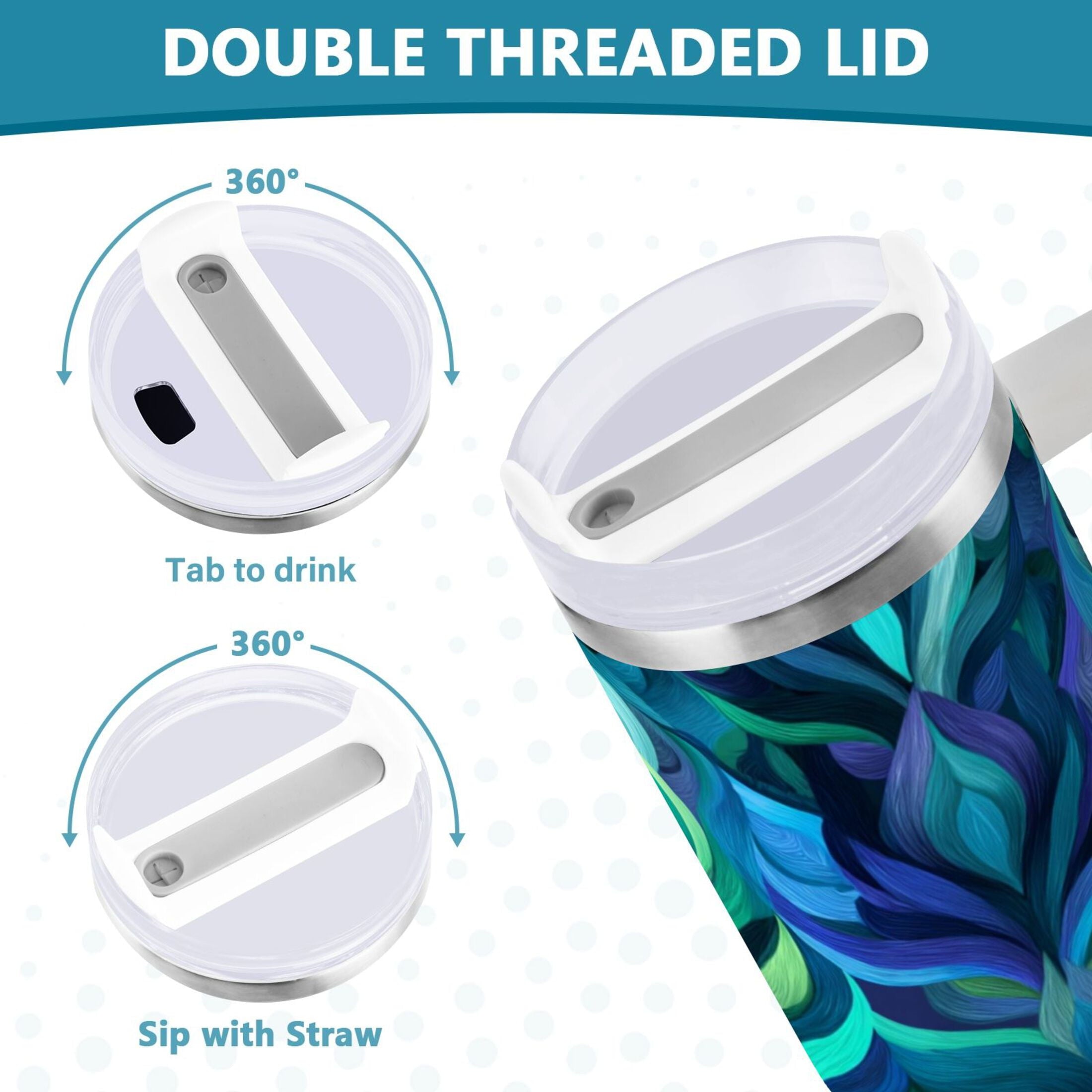 40 oz Insulated Stainless Steel Tumbler Double Wall Stainless Steel Tumbler with 2-Way Drinking Elegant Blue Abstract Shapes 0AR8