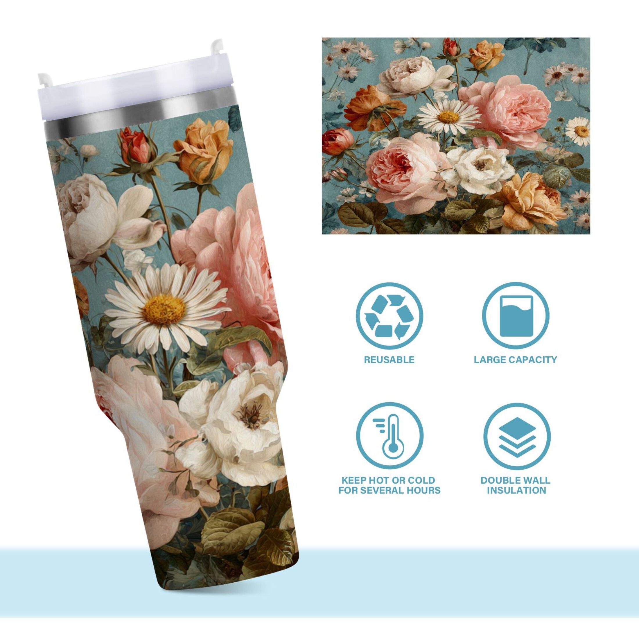 30 oz Insulated Stainless Steel Tumbler Double Wall Stainless Steel Tumbler with 2-Way Drinking Vintage Roses and Peonies OV8B