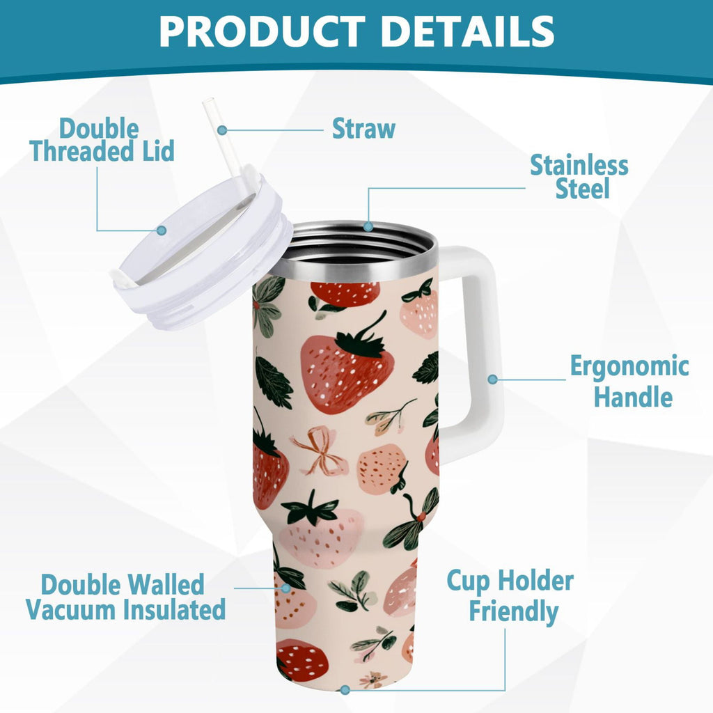 30 oz Insulated Stainless Steel Tumbler Double Wall Stainless Steel Tumbler with 2-Way Drinking Cute Pinks Strawberries PV8B
