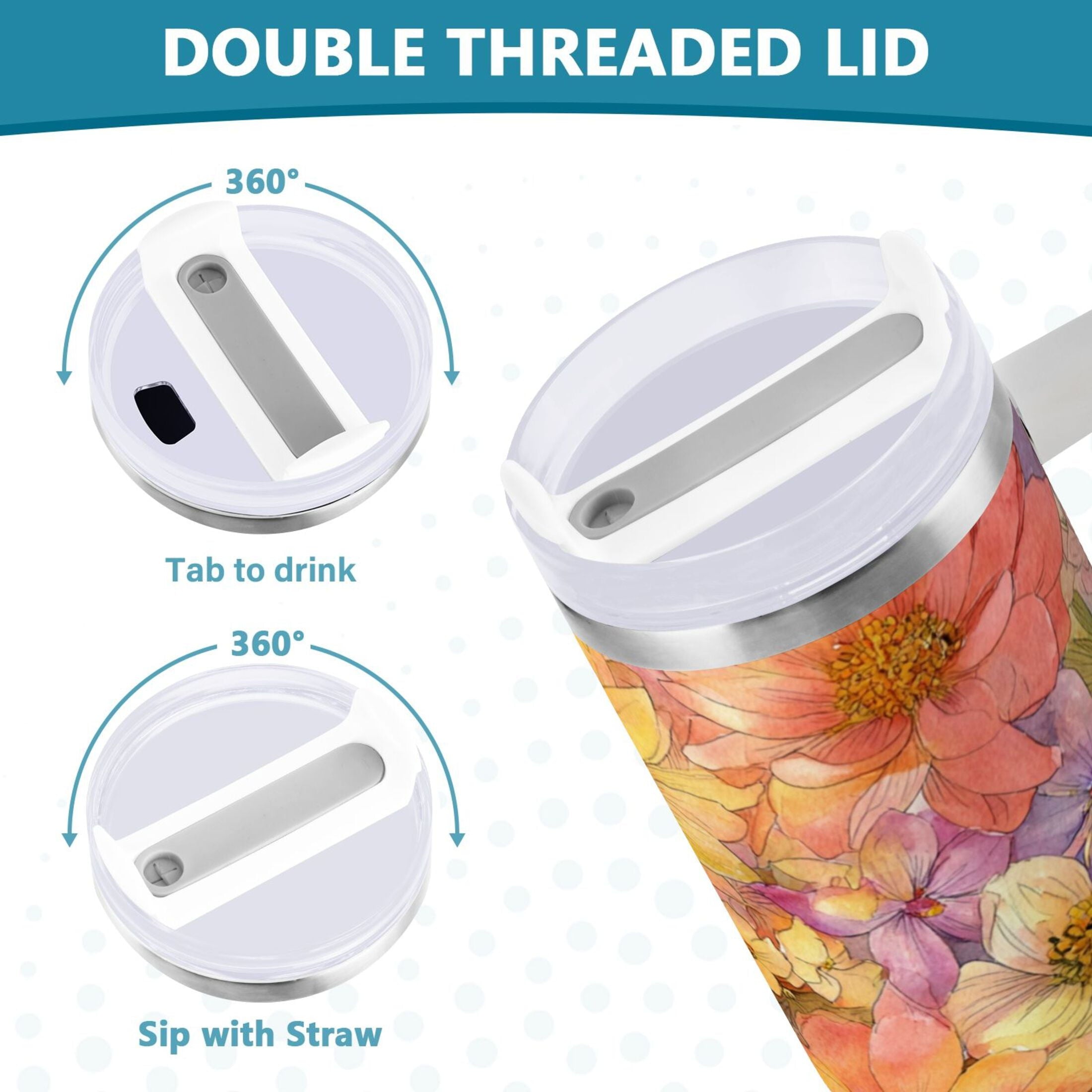 30 oz Insulated Stainless Steel Tumbler Double Wall Stainless Steel Tumbler with 2-Way Drinking Summer Blossoms QNMI