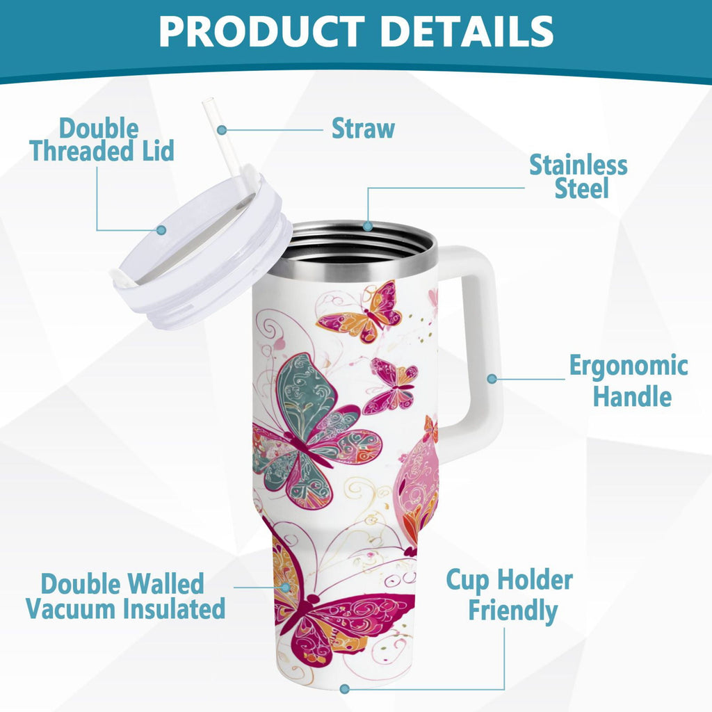 30 oz Insulated Stainless Steel Tumbler Double Wall Stainless Steel Tumbler with 2-Way Drinking Colorful Butterflies NDZF