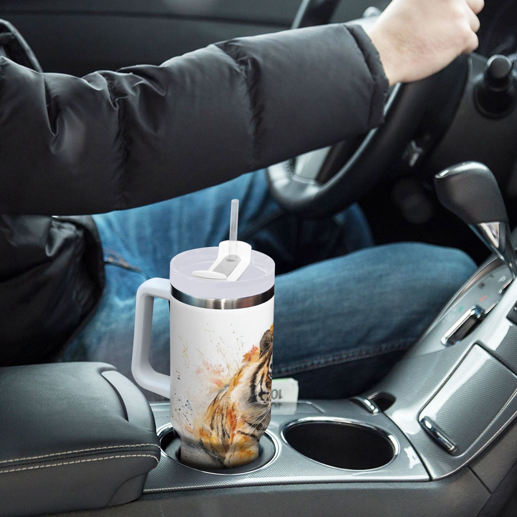 30 oz Insulated Stainless Steel Tumbler Double Wall Stainless Steel Tumbler with 2-Way Drinking Tiger in Action X0MH
