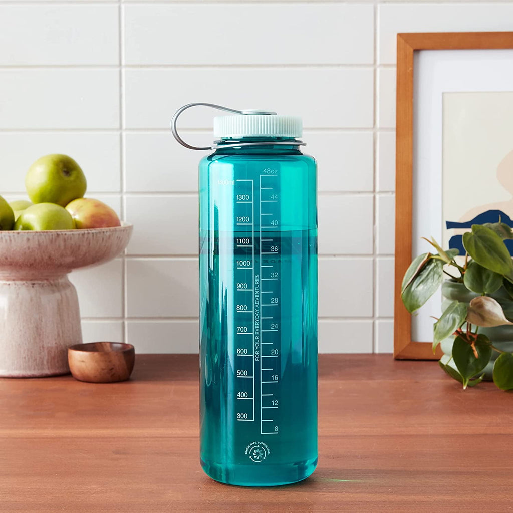 Nalgene Sustain Tritan BPA-Free Water Bottle Made with Material Derived from 50% Plastic Waste (using ISCC certified mass balance), 48 OZ, Wide Mouth, Blue WPHC