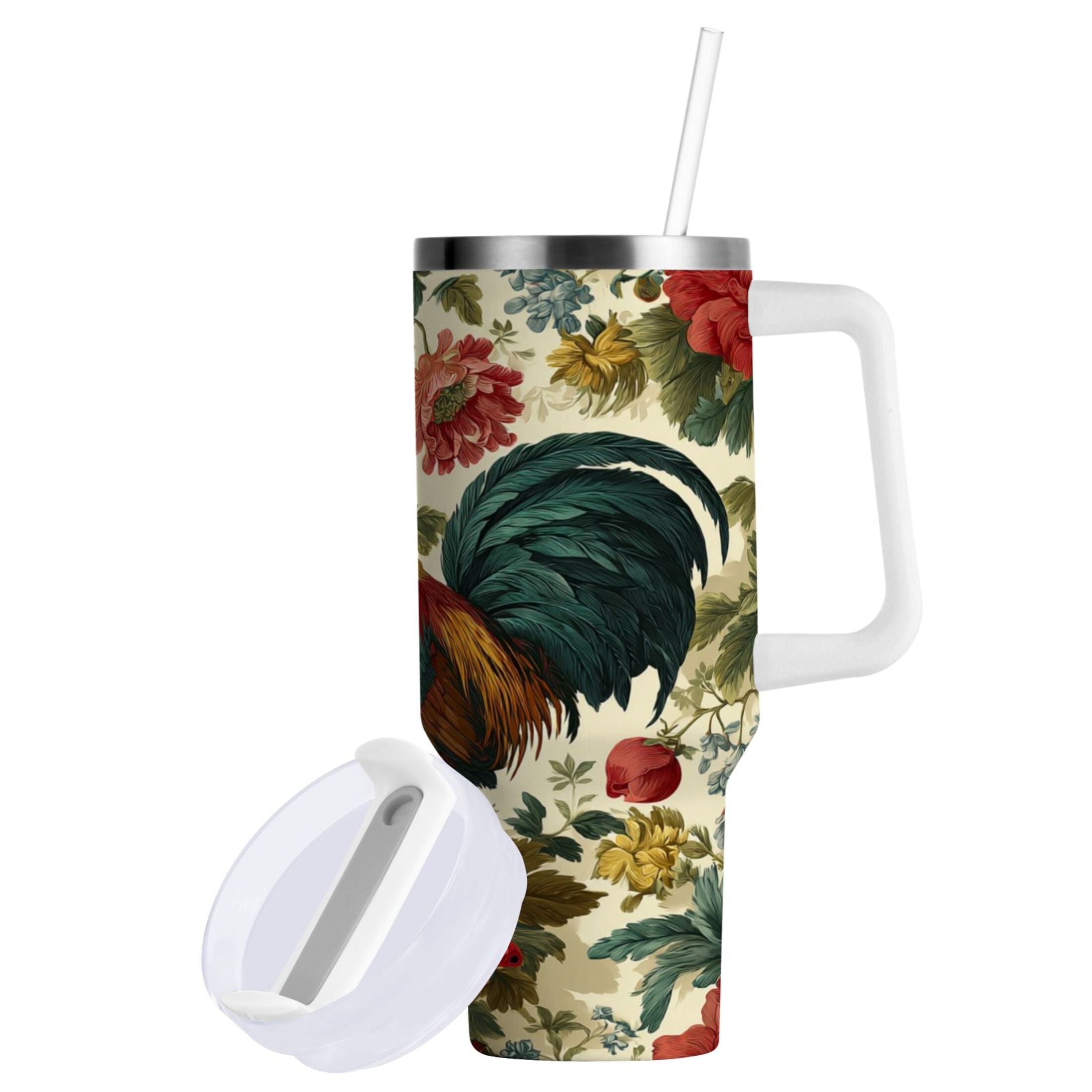 40 oz Insulated Stainless Steel Tumbler Double Wall Stainless Steel Tumbler with 2-Way Drinking Rooster and Vintage Floral HYWO