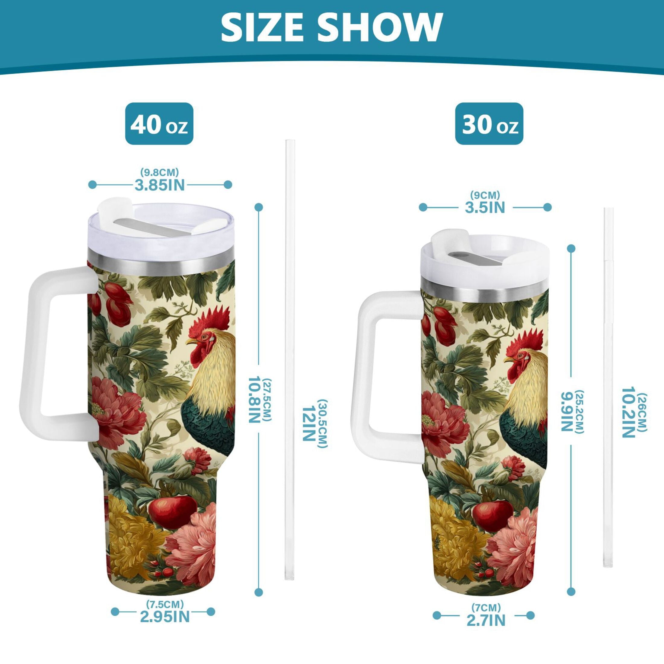 40 oz Insulated Stainless Steel Tumbler Double Wall Stainless Steel Tumbler with 2-Way Drinking Rooster and Vintage Floral HYWO