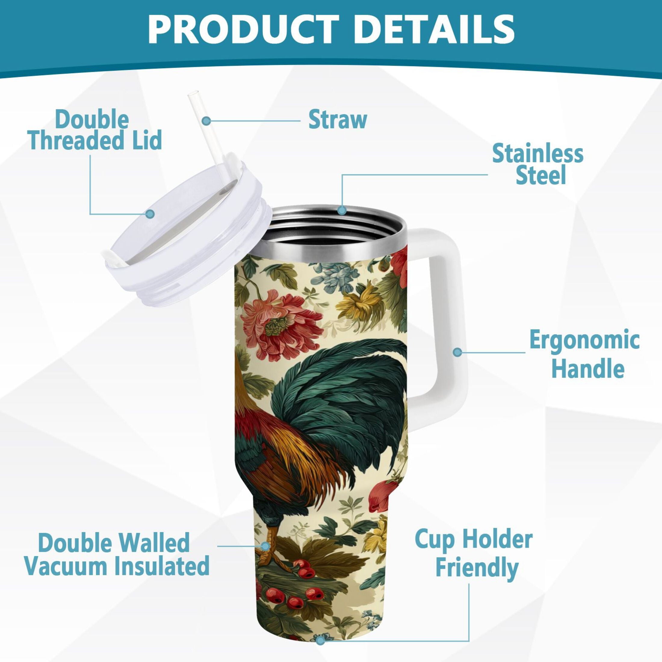 40 oz Insulated Stainless Steel Tumbler Double Wall Stainless Steel Tumbler with 2-Way Drinking Rooster and Vintage Floral HYWO