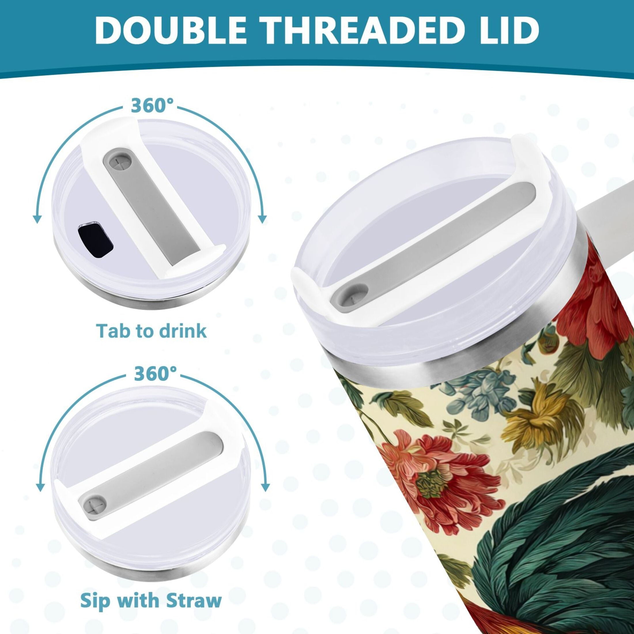 40 oz Insulated Stainless Steel Tumbler Double Wall Stainless Steel Tumbler with 2-Way Drinking Rooster and Vintage Floral HYWO