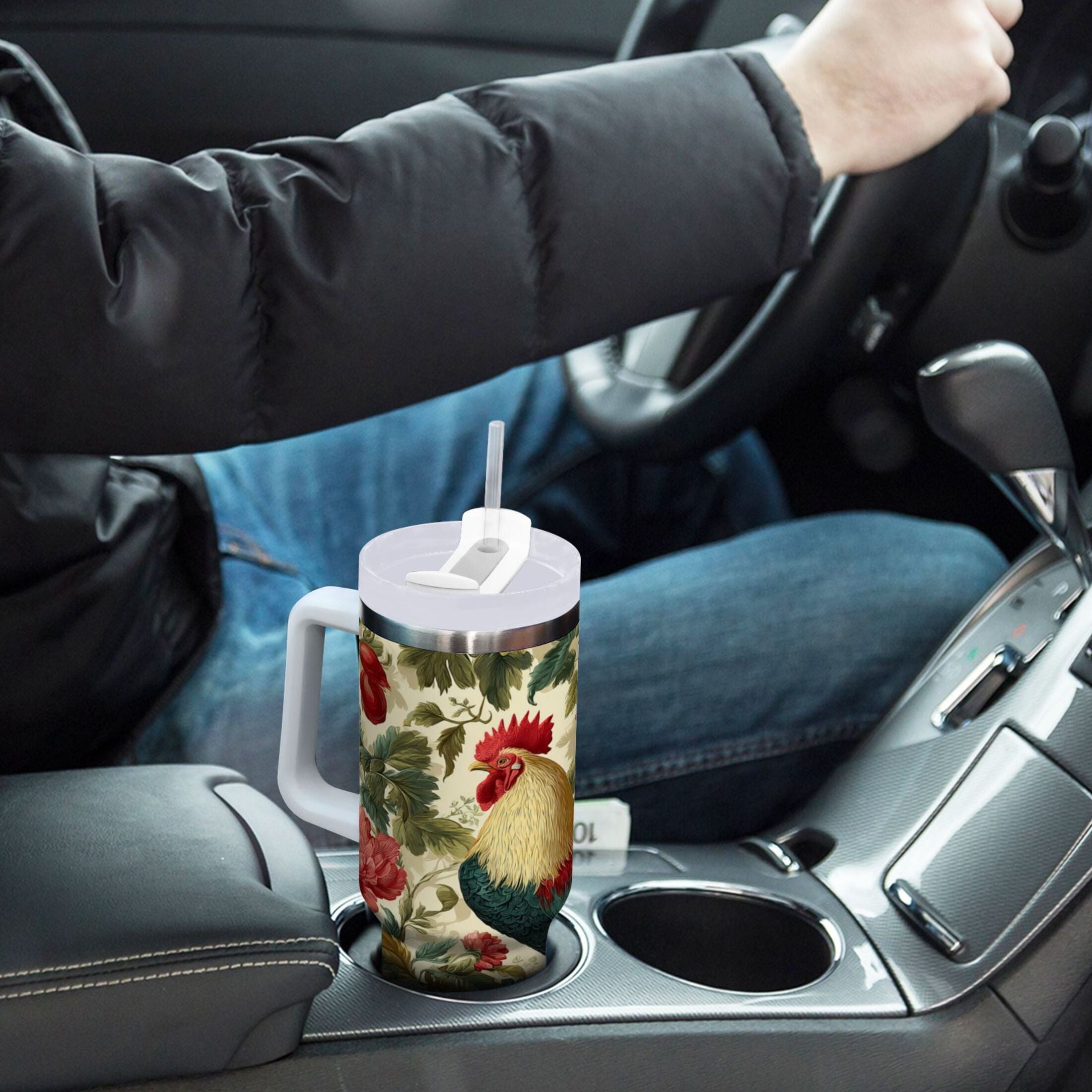 40 oz Insulated Stainless Steel Tumbler Double Wall Stainless Steel Tumbler with 2-Way Drinking Rooster and Vintage Floral HYWO