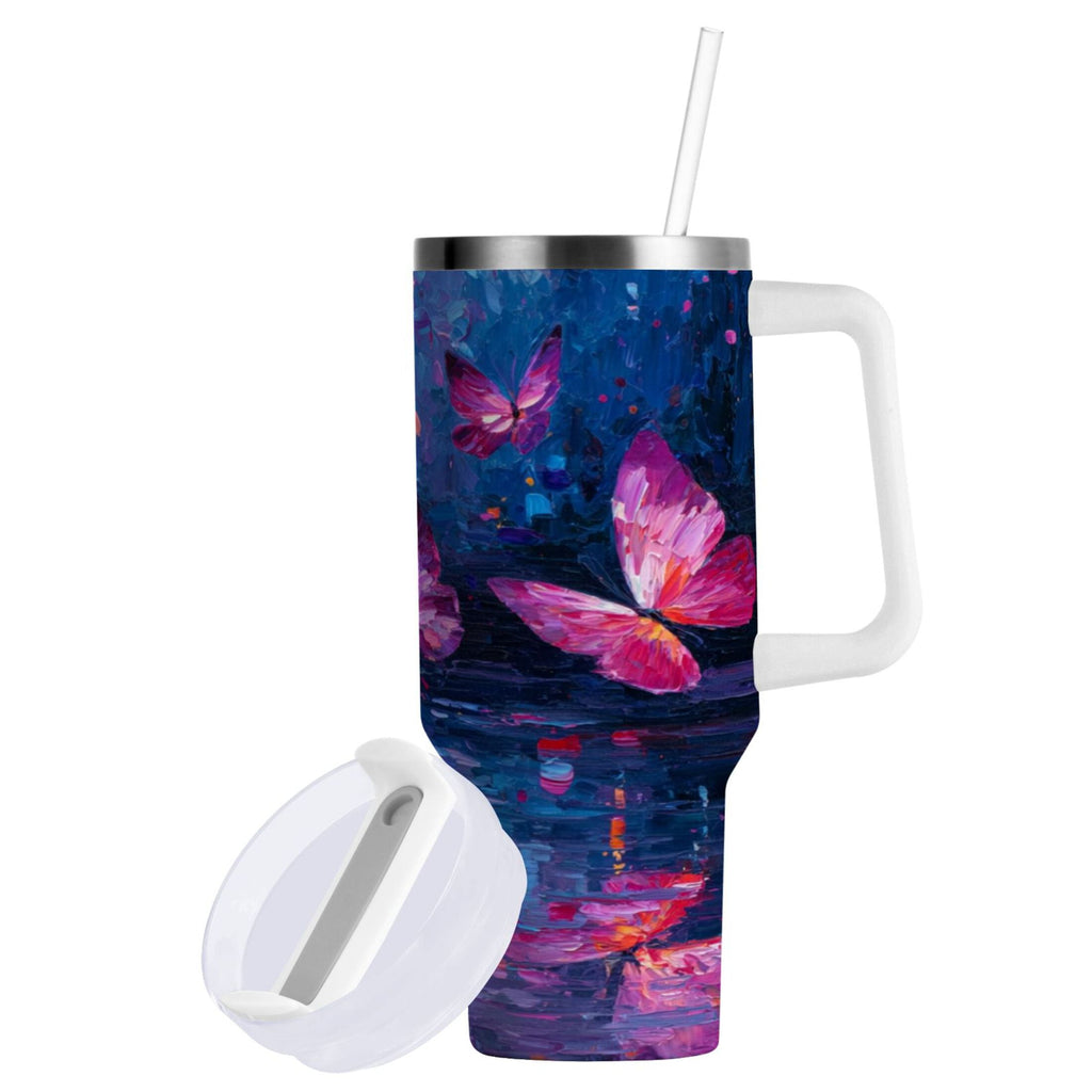 40 oz Insulated Stainless Steel Tumbler Double Wall Stainless Steel Tumbler with 2-Way Drinking Night Scene and Butterflies EQ5J