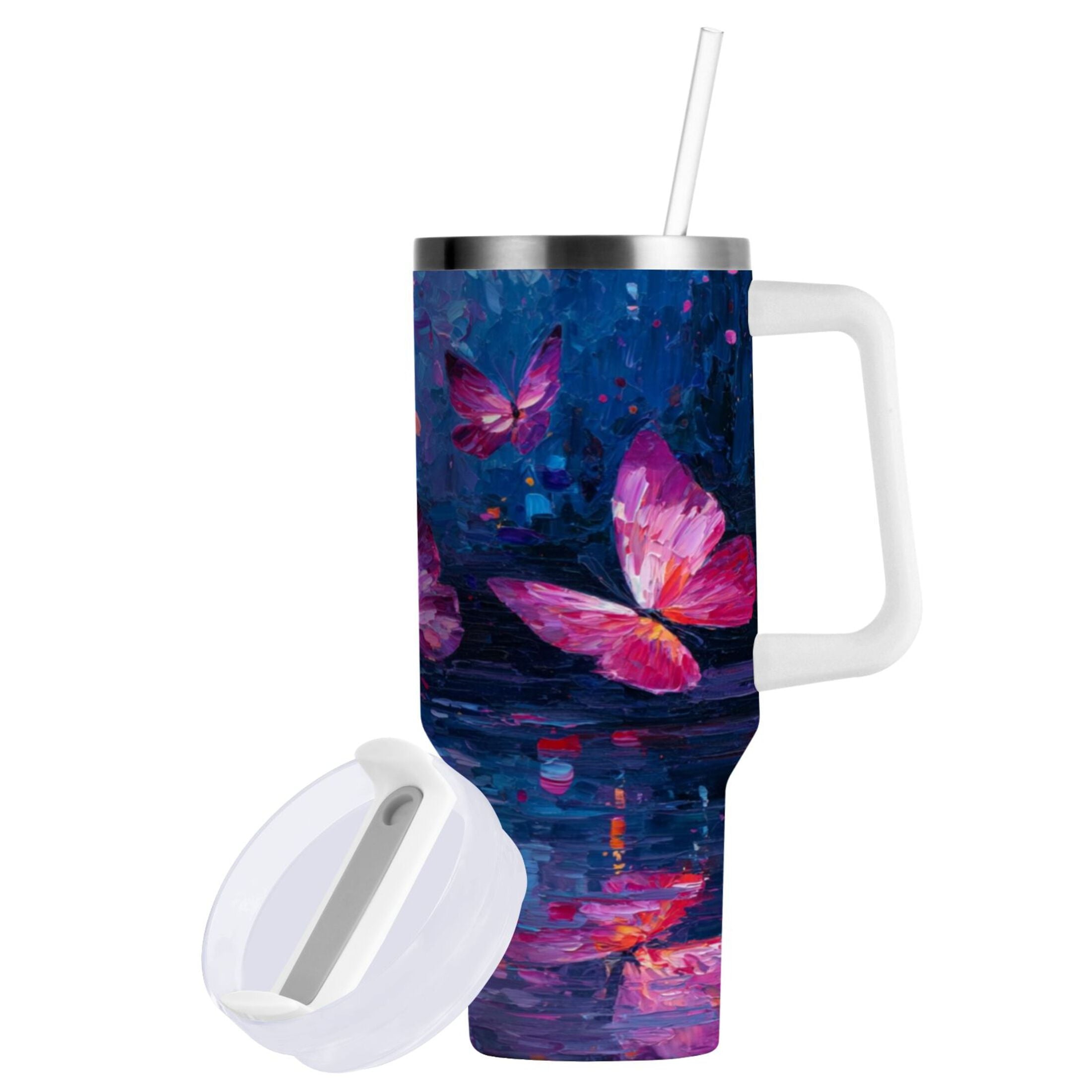 40 oz Insulated Stainless Steel Tumbler Double Wall Stainless Steel Tumbler with 2-Way Drinking Night Scene and Butterflies EQ5J