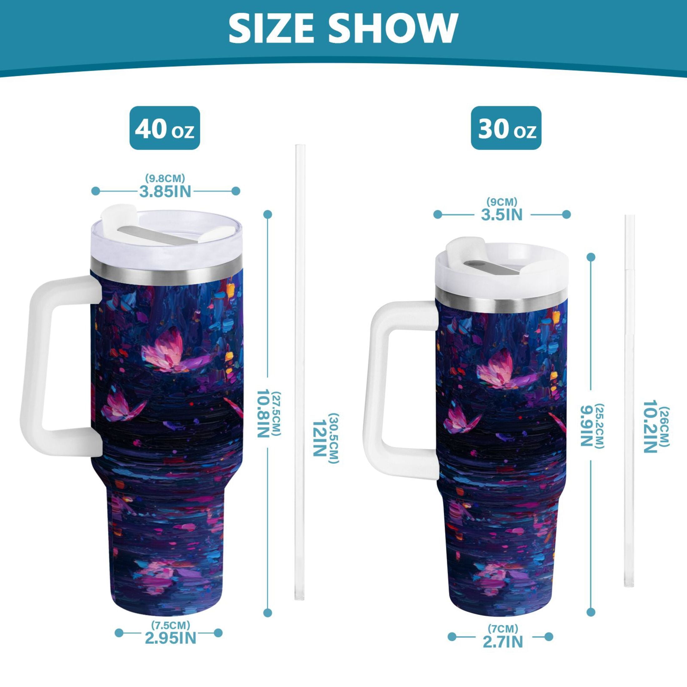40 oz Insulated Stainless Steel Tumbler Double Wall Stainless Steel Tumbler with 2-Way Drinking Night Scene and Butterflies EQ5J