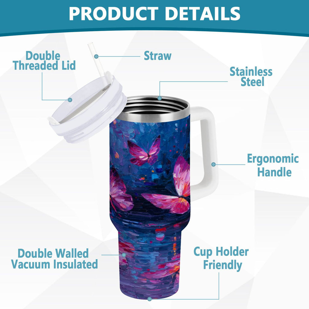 40 oz Insulated Stainless Steel Tumbler Double Wall Stainless Steel Tumbler with 2-Way Drinking Night Scene and Butterflies EQ5J
