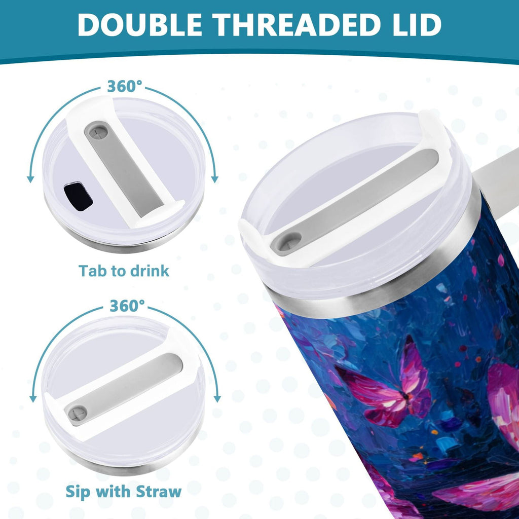 40 oz Insulated Stainless Steel Tumbler Double Wall Stainless Steel Tumbler with 2-Way Drinking Night Scene and Butterflies EQ5J