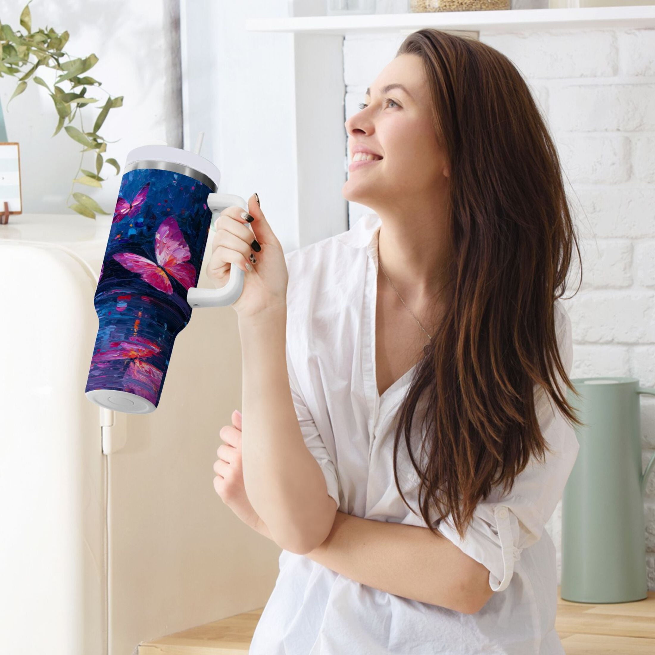 40 oz Insulated Stainless Steel Tumbler Double Wall Stainless Steel Tumbler with 2-Way Drinking Night Scene and Butterflies EQ5J