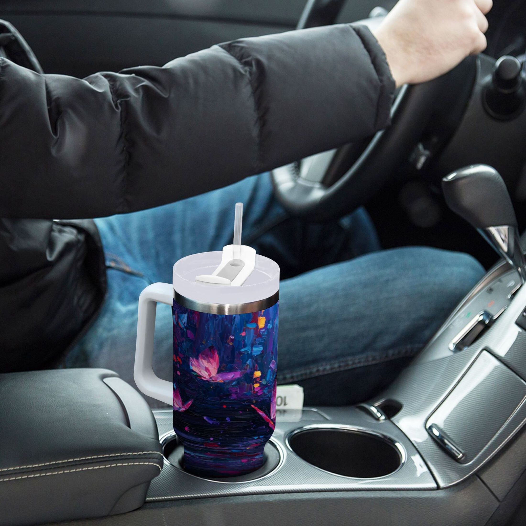 40 oz Insulated Stainless Steel Tumbler Double Wall Stainless Steel Tumbler with 2-Way Drinking Night Scene and Butterflies EQ5J