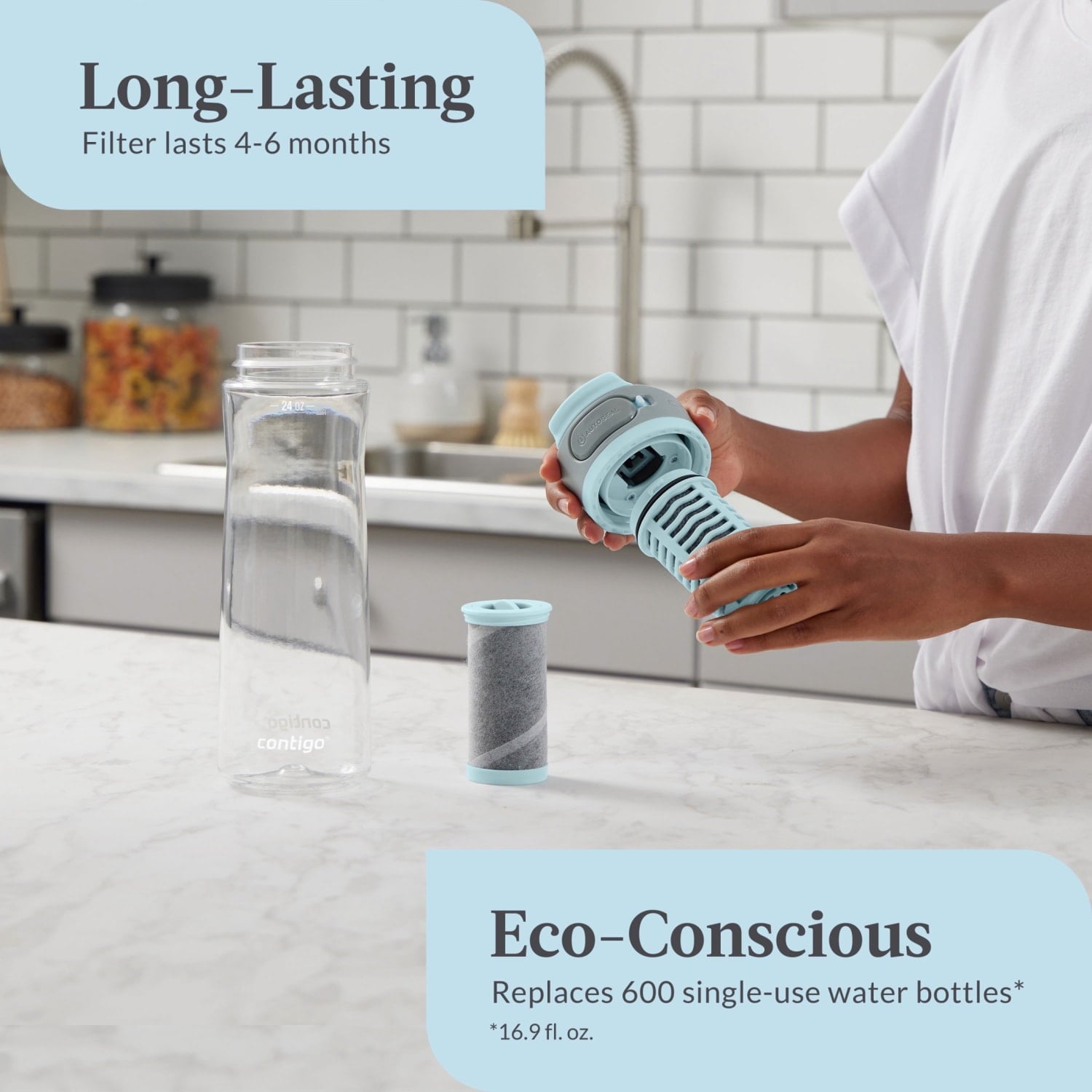 (2 pack) Contigo Clybourn Plastic FreeFlow Filter Water Bottle with AUTOSEAL Lid 24 oz., Salt, with Replacable Filter 3BFM