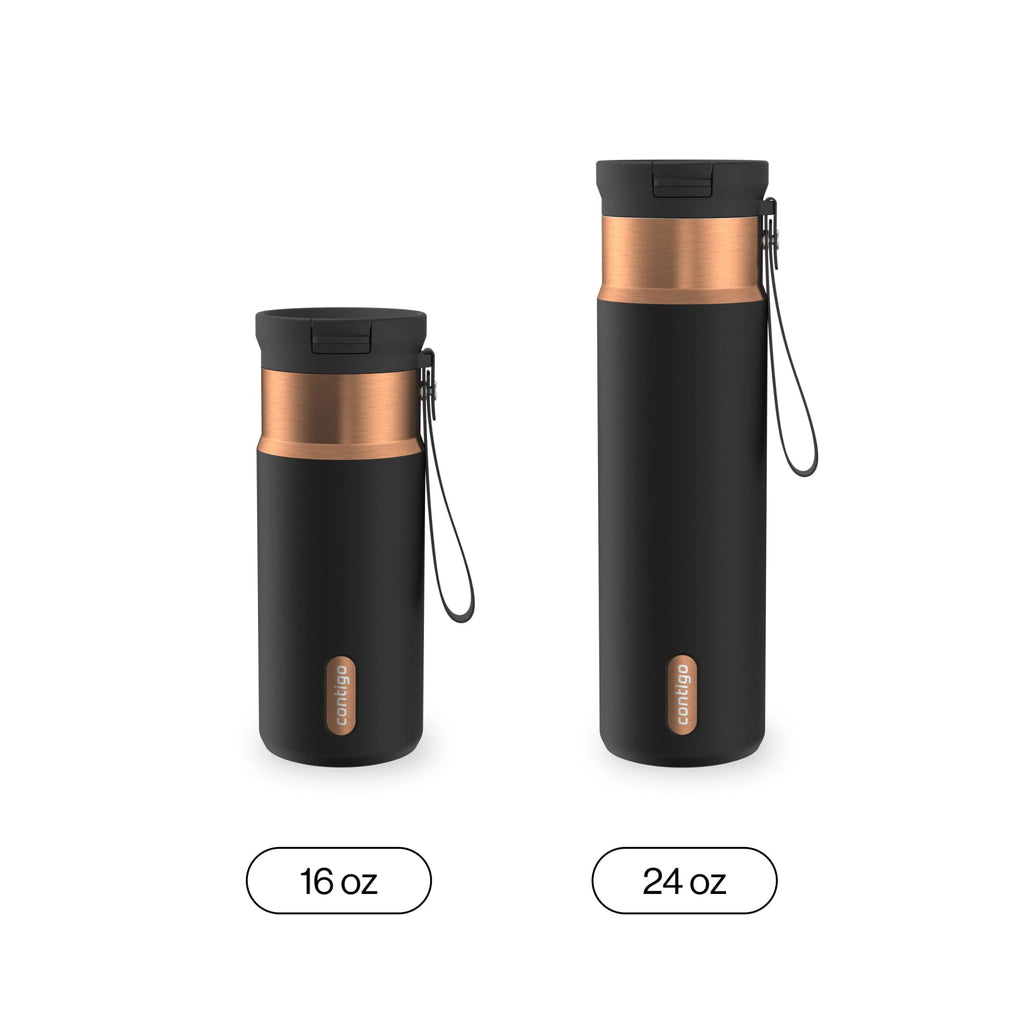Contigo SnapSeal Leakproof Stainless Steel Reusable Water Bottle with Carrying Strap, Black/Bronze, 16 oz ER0X