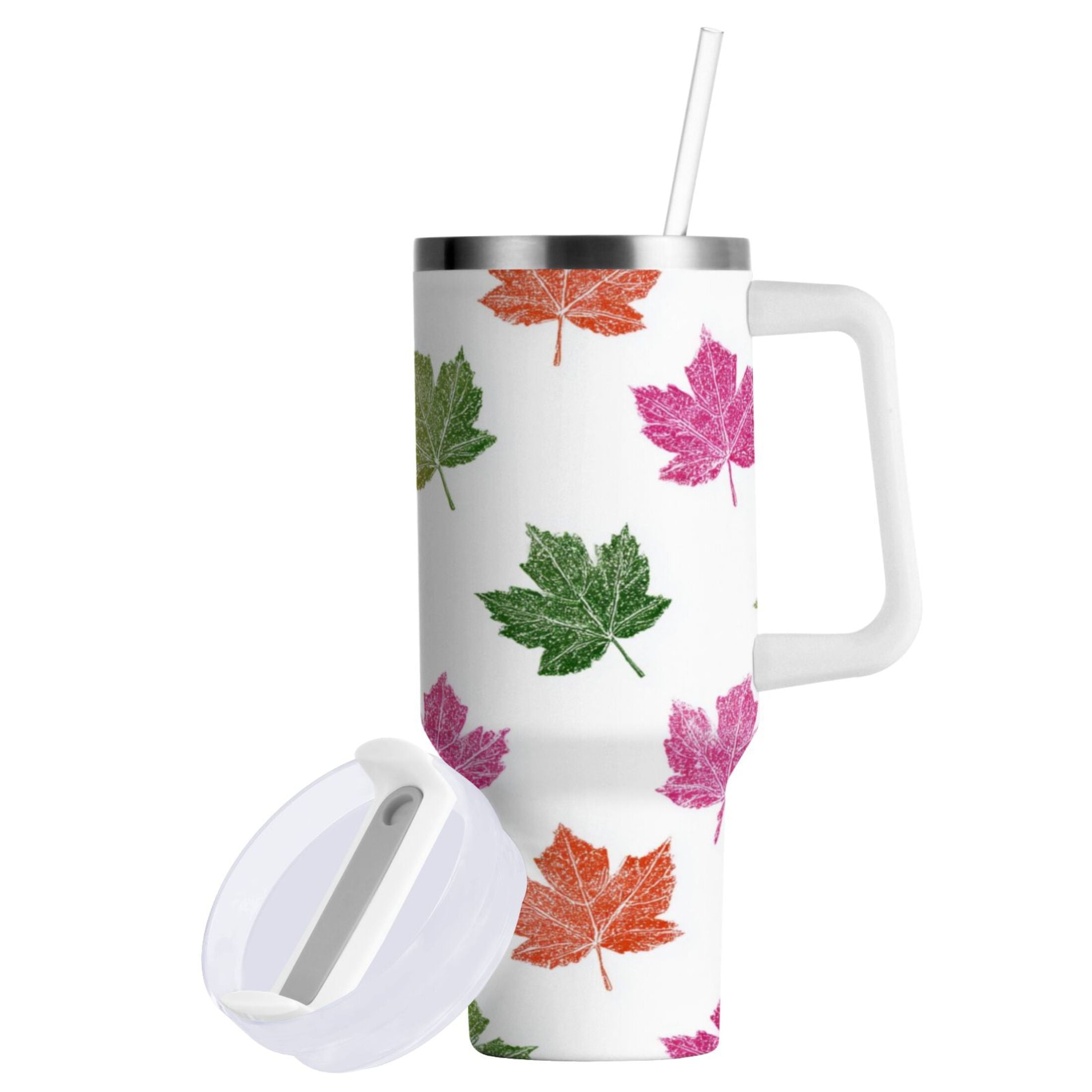 40 oz Insulated Stainless Steel Tumbler Double Wall Stainless Steel Tumbler with 2-Way Drinking Pink Maple Leaf FY6K