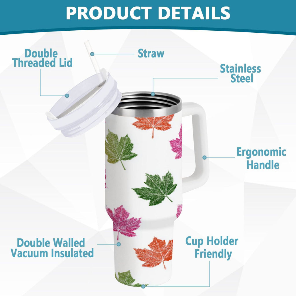 40 oz Insulated Stainless Steel Tumbler Double Wall Stainless Steel Tumbler with 2-Way Drinking Pink Maple Leaf FY6K