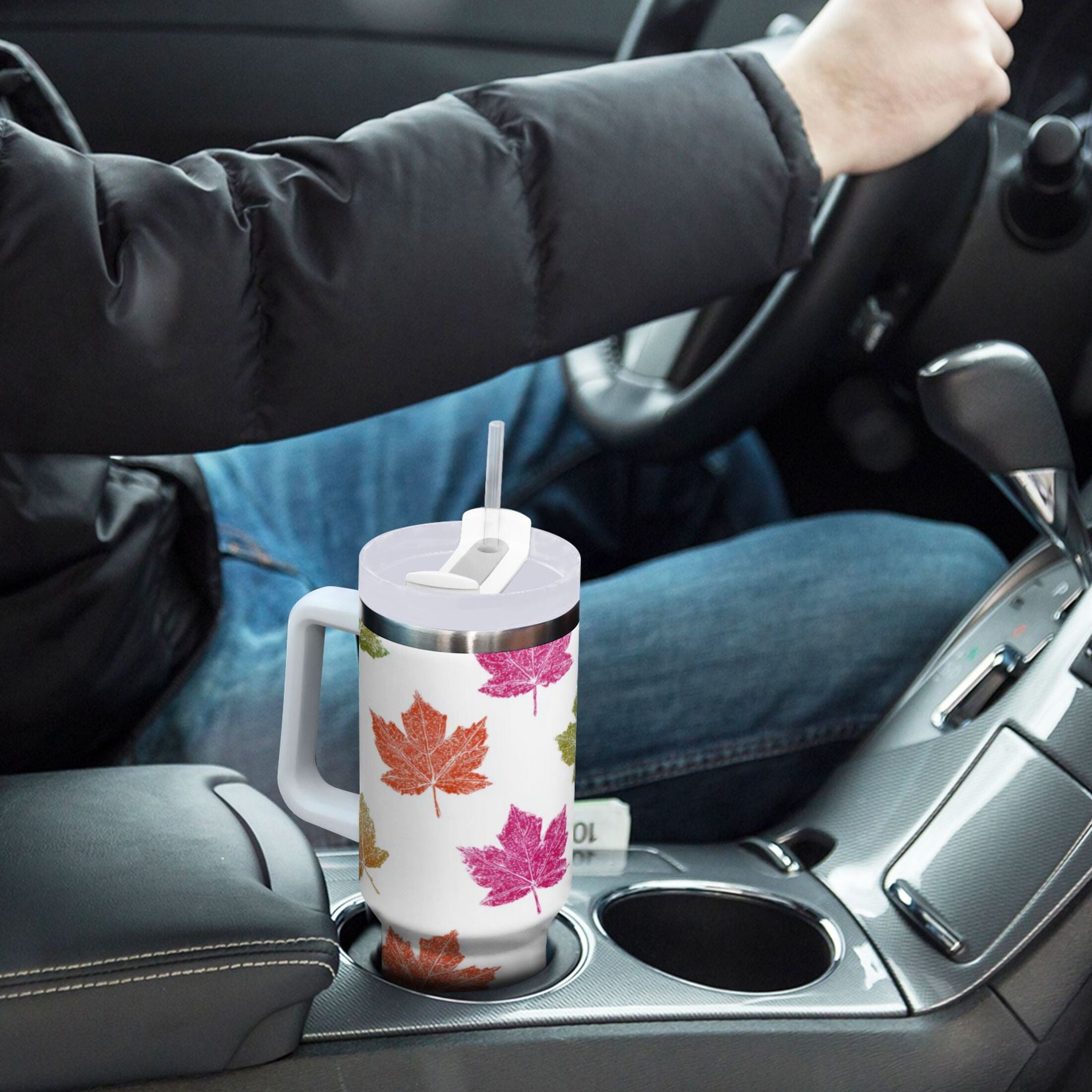 40 oz Insulated Stainless Steel Tumbler Double Wall Stainless Steel Tumbler with 2-Way Drinking Pink Maple Leaf FY6K