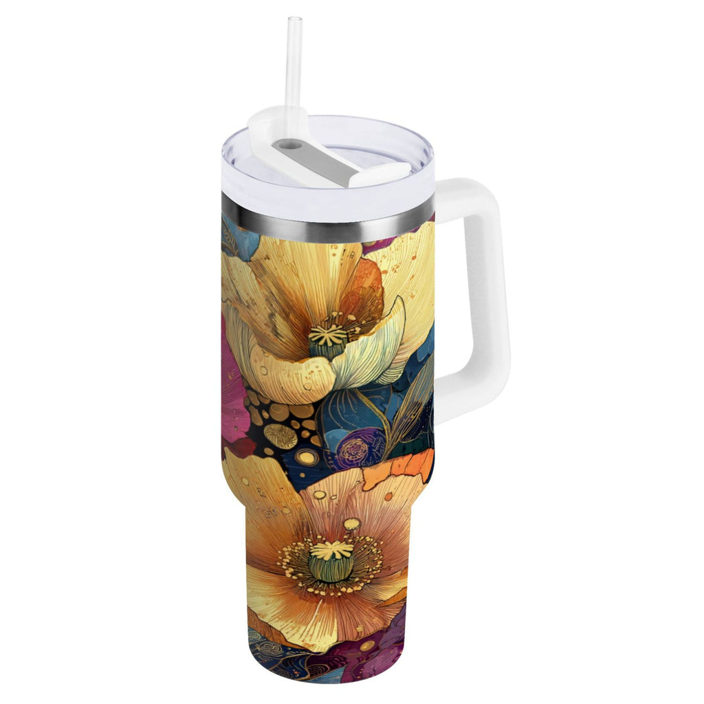 40 oz Insulated Stainless Steel Tumbler Double Wall Stainless Steel Tumbler with 2-Way Drinking Vibrant and Intricate Flowers 1TE8